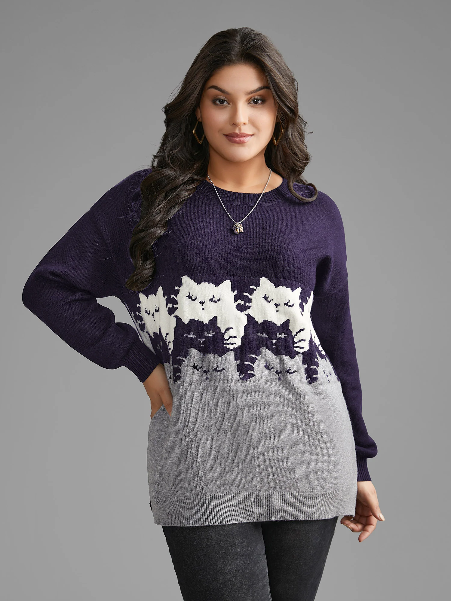 Cat Contrast Drop Shoulder Pullover - Image 4