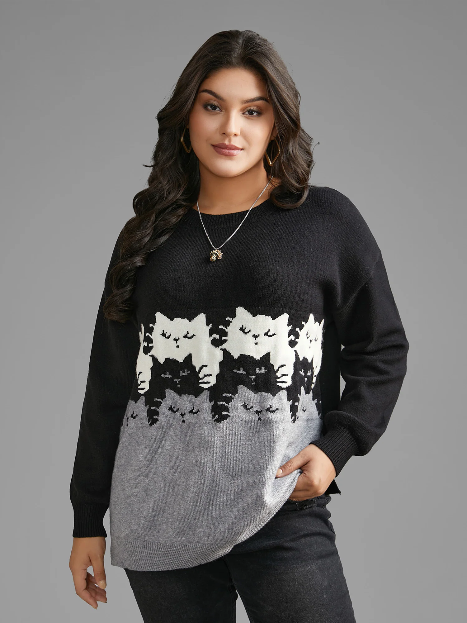 Cat Contrast Drop Shoulder Pullover - Image 5