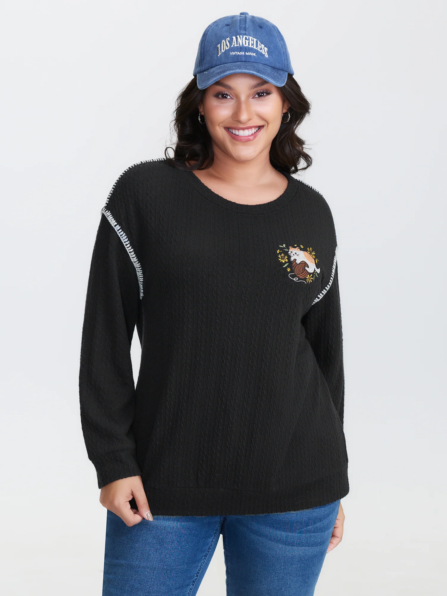 Cat Embroidered Dogstooth Edge Sweatshirt - Image 2