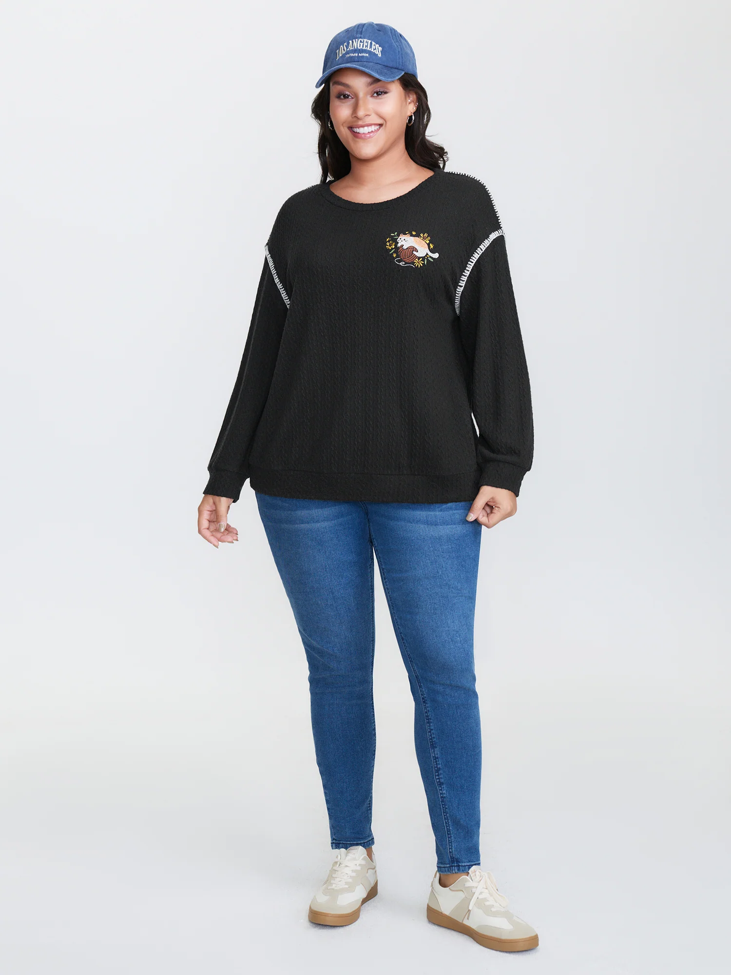 Cat Embroidered Dogstooth Edge Sweatshirt - Image 3