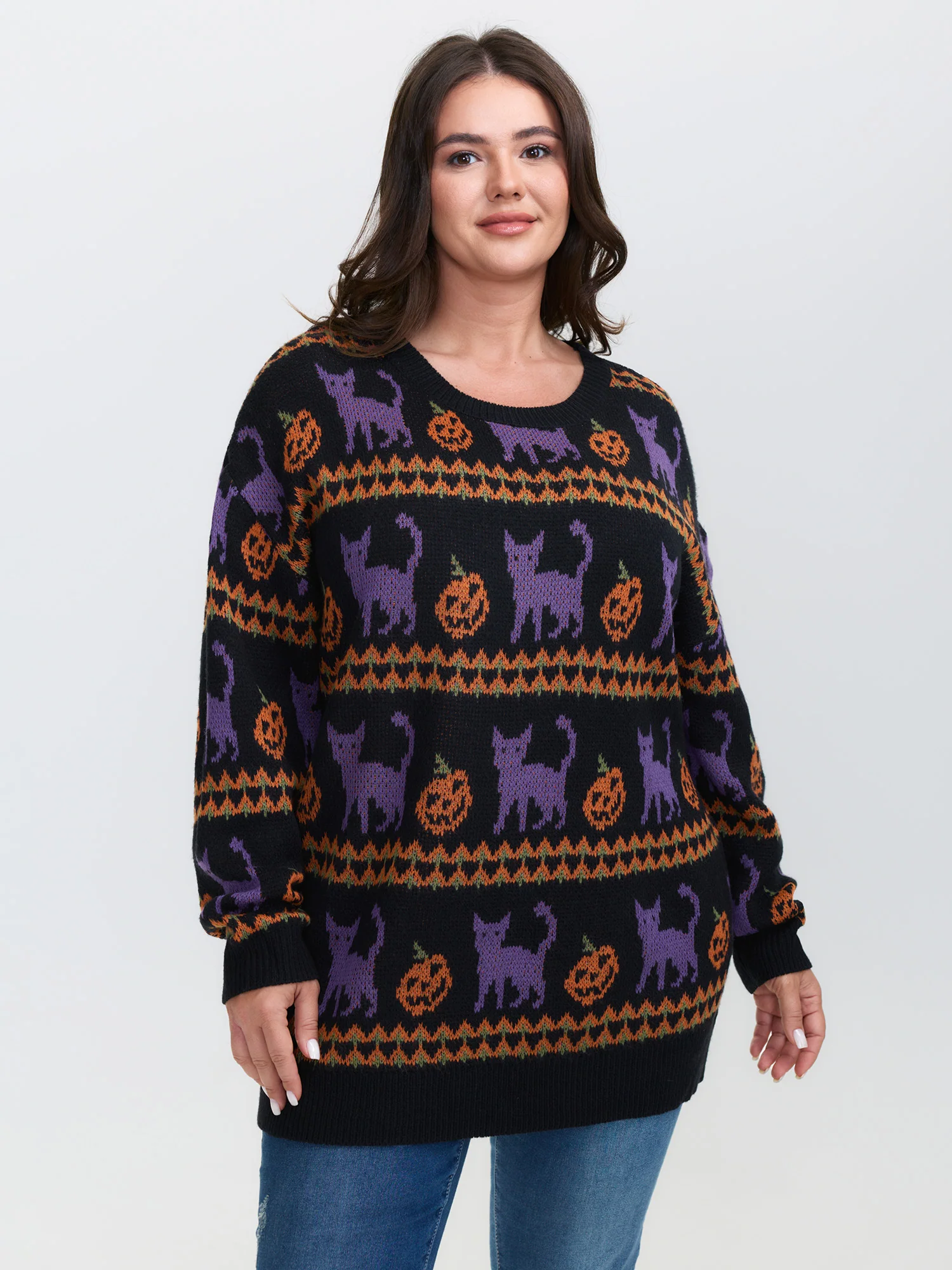 Cat Halloween Print Cozy Pullover
