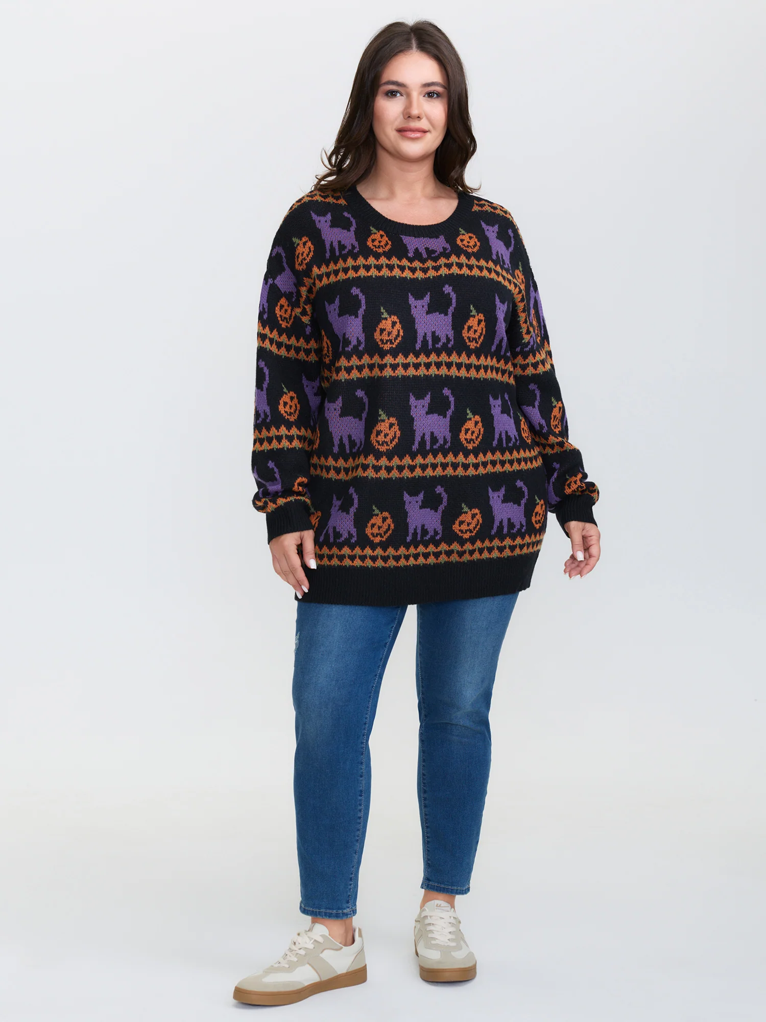 Cat Halloween Print Cozy Pullover - Image 3