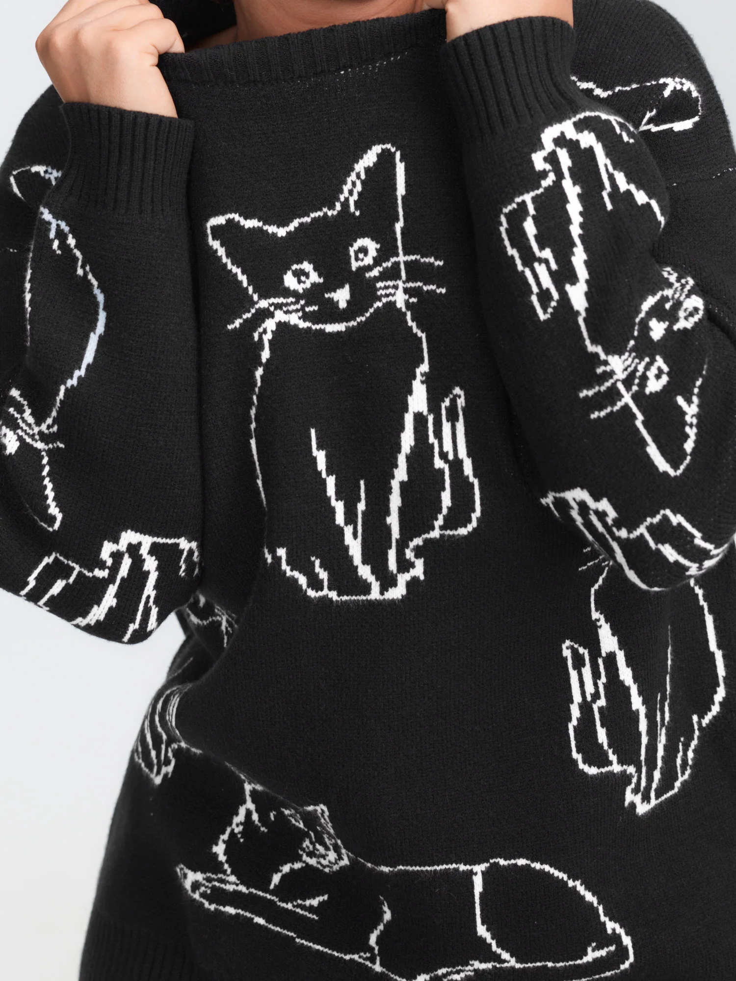 Cat Jacquard Pattern Drop Shoulder Pullover - Image 2