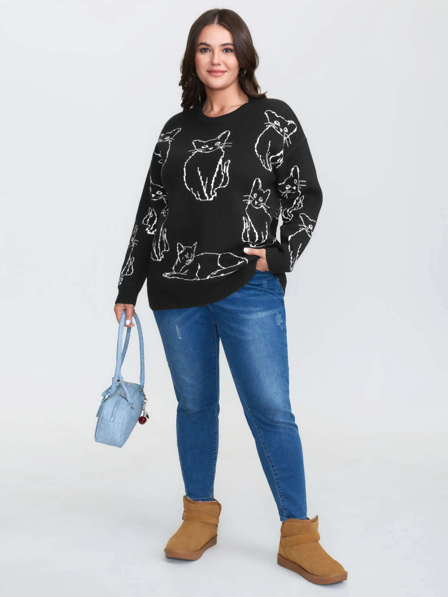 Cat Jacquard Pattern Drop Shoulder Pullover - Image 3