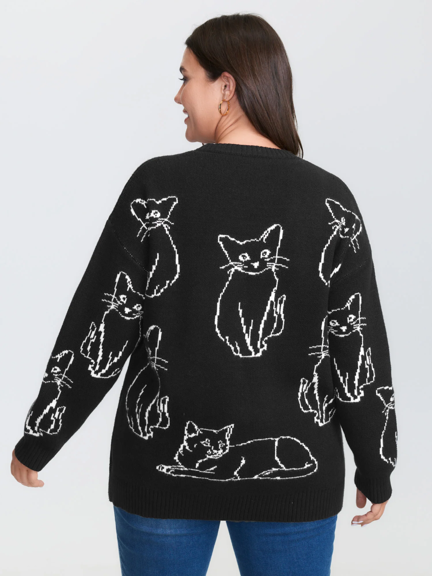 Cat Jacquard Pattern Drop Shoulder Pullover - Image 4