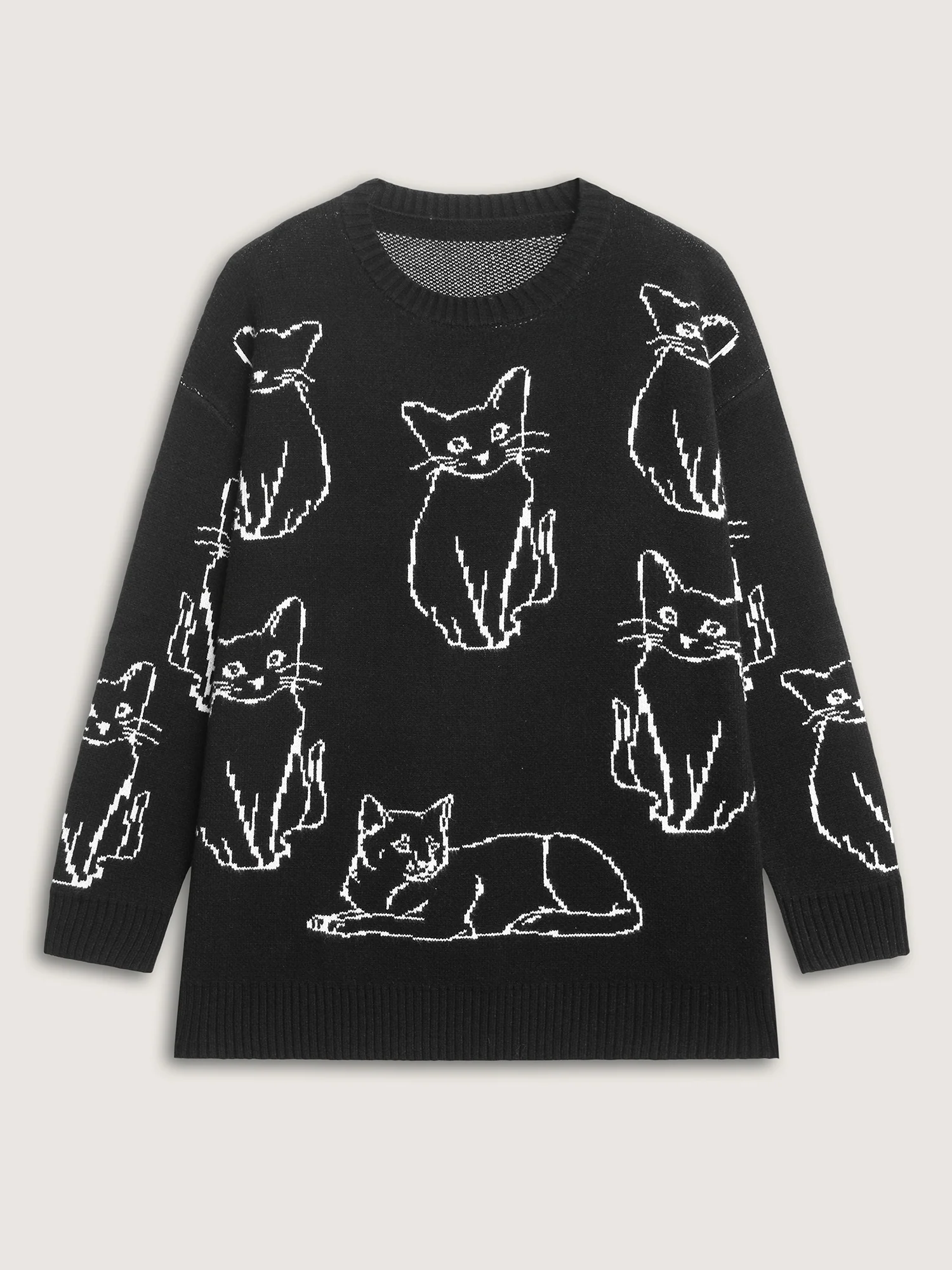 Cat Jacquard Pattern Drop Shoulder Pullover - Image 7