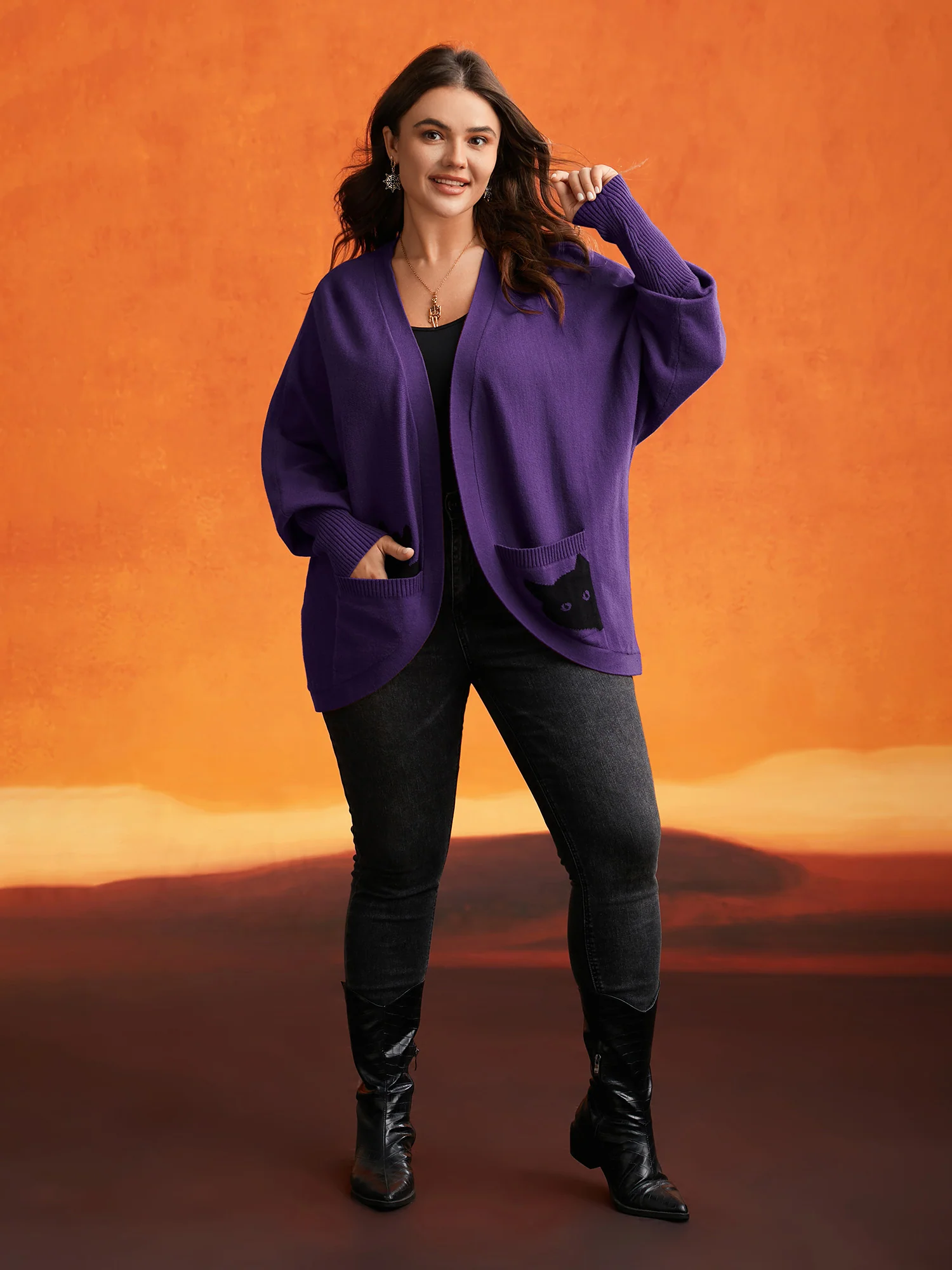 Cat Printed Pockets Arc Hem Cardigan - Image 10