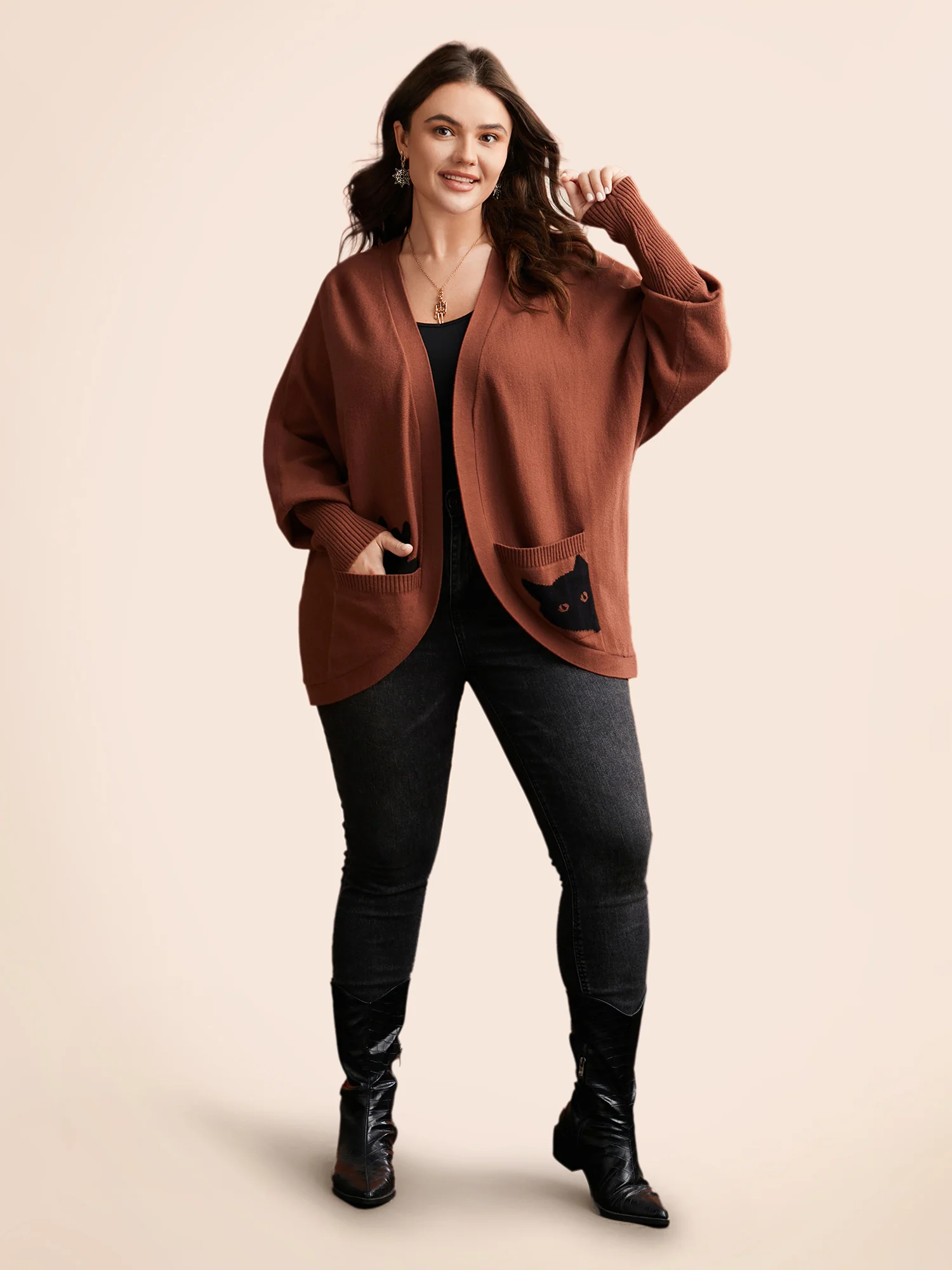 Cat Printed Pockets Arc Hem Cardigan - Image 4