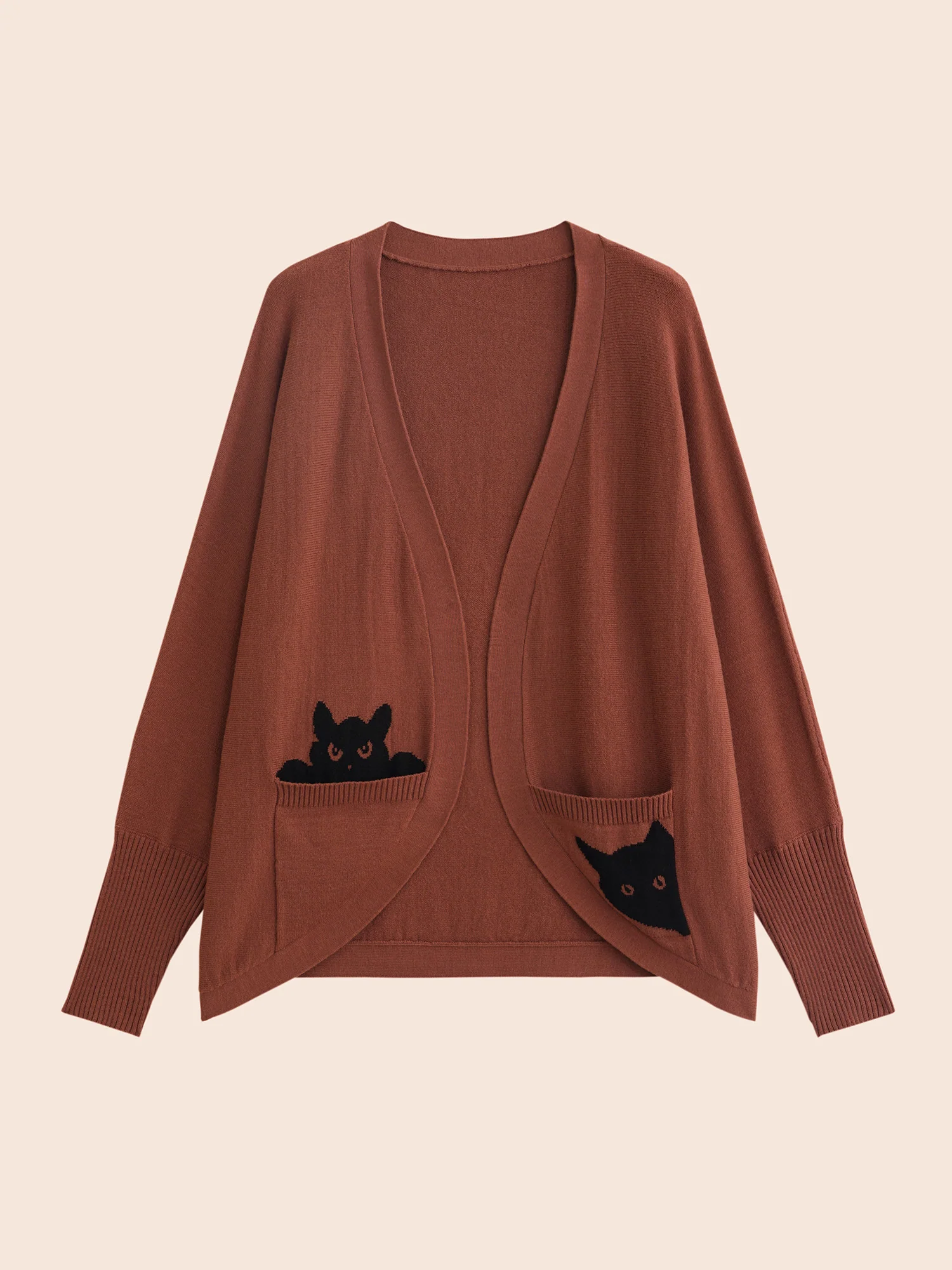 Cat Printed Pockets Arc Hem Cardigan - Image 7