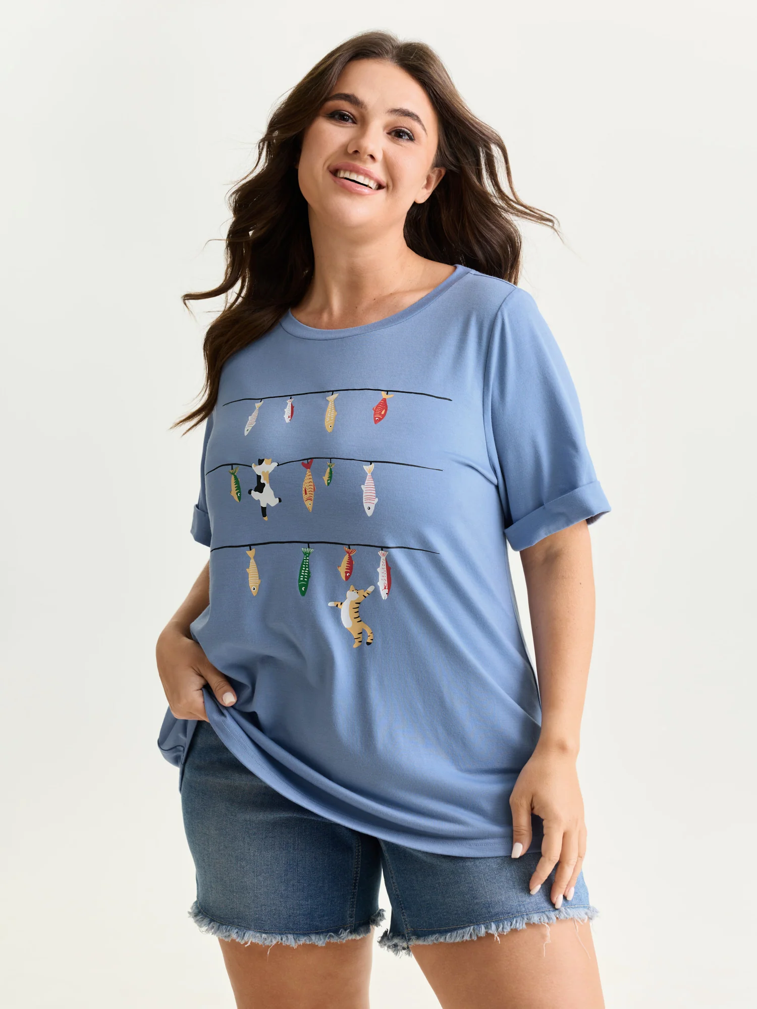 Cat Tunes Print Stretchy T-Shirt - Image 10