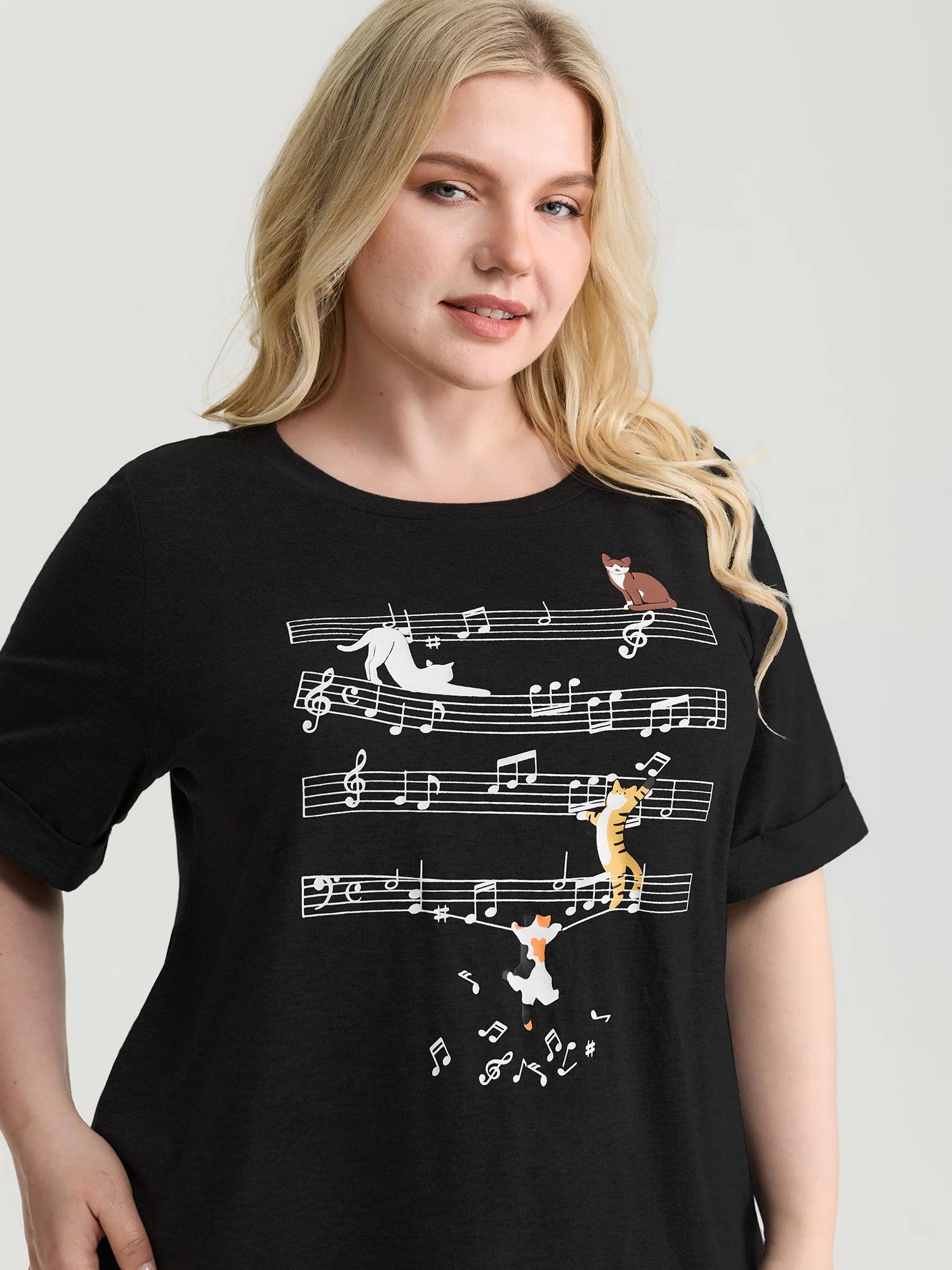 Cat Tunes Print Stretchy T-Shirt - Image 13