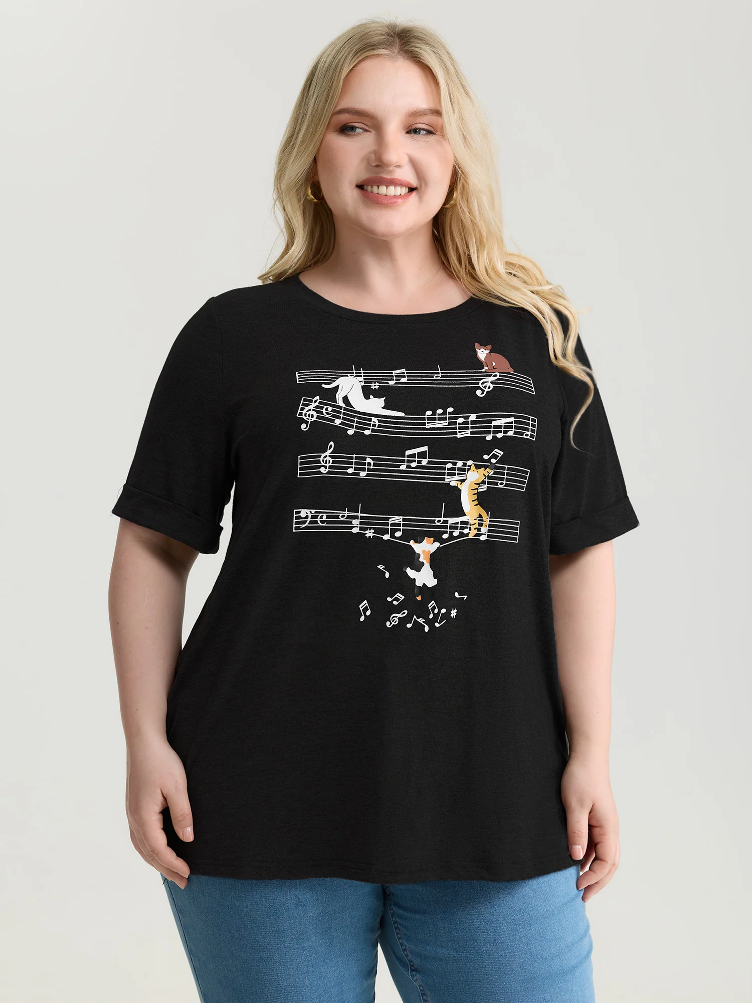 Cat Tunes Print Stretchy T-Shirt - Image 14