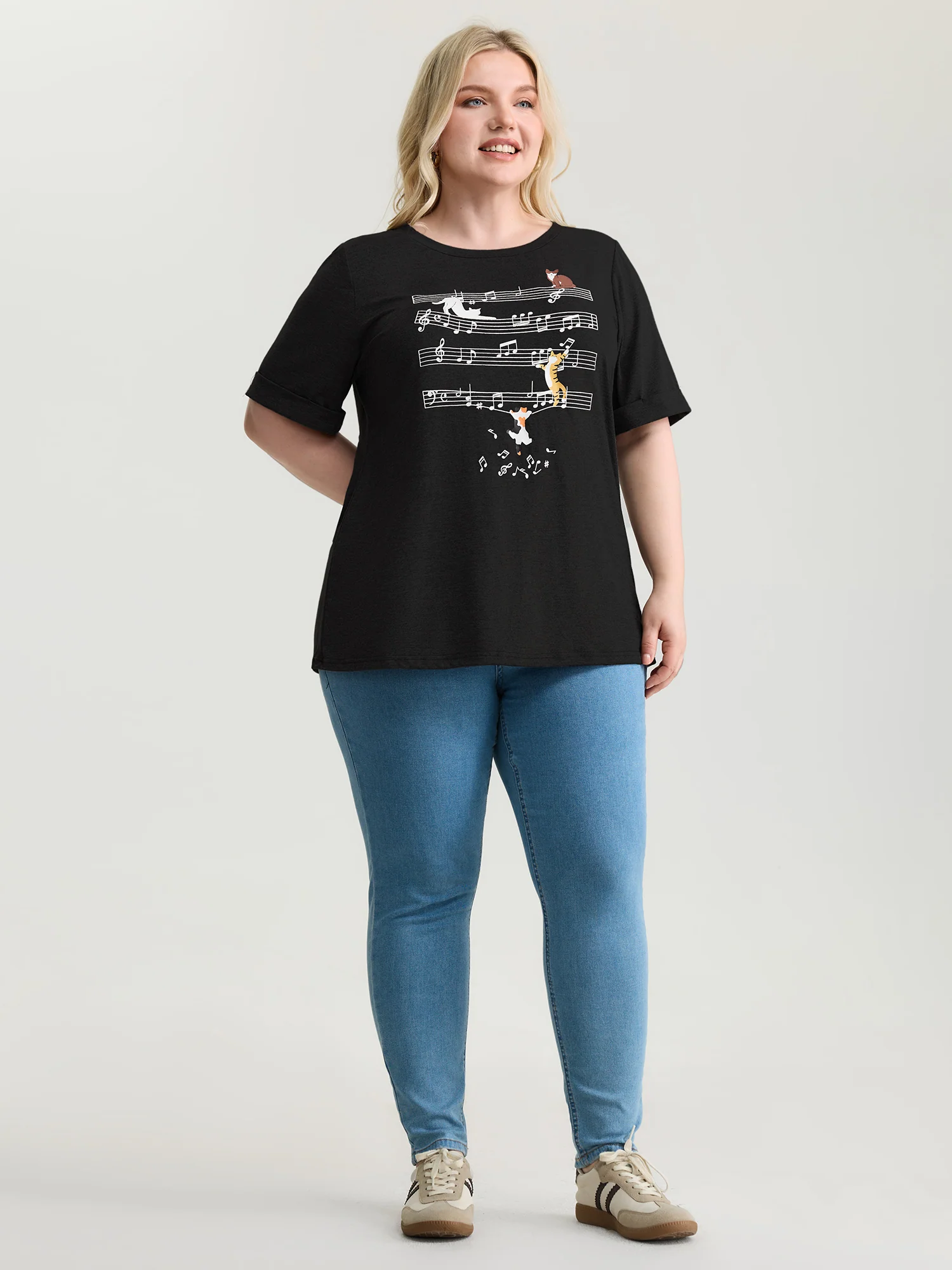 Cat Tunes Print Stretchy T-Shirt - Image 15