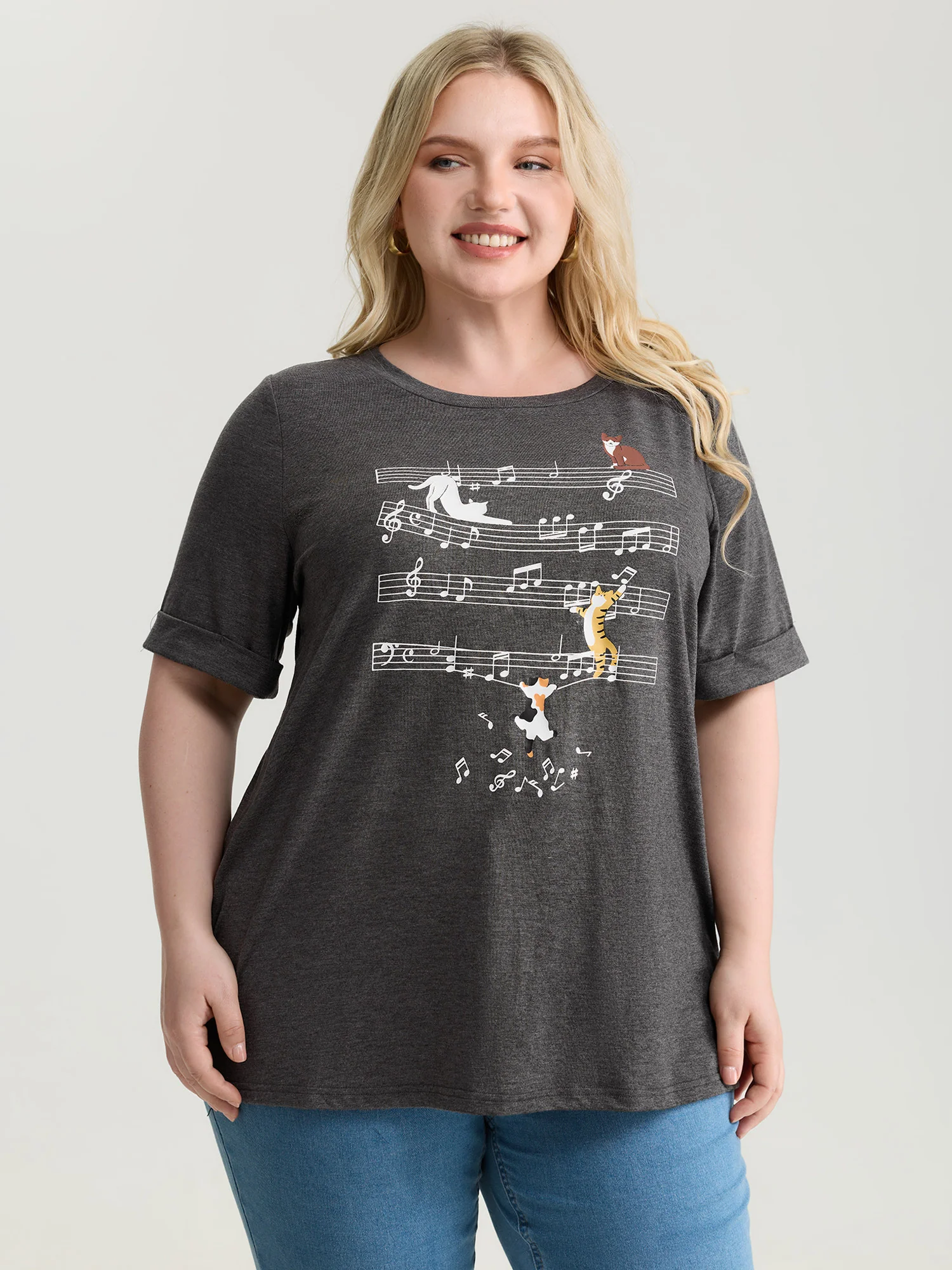 Cat Tunes Print Stretchy T-Shirt - Image 2