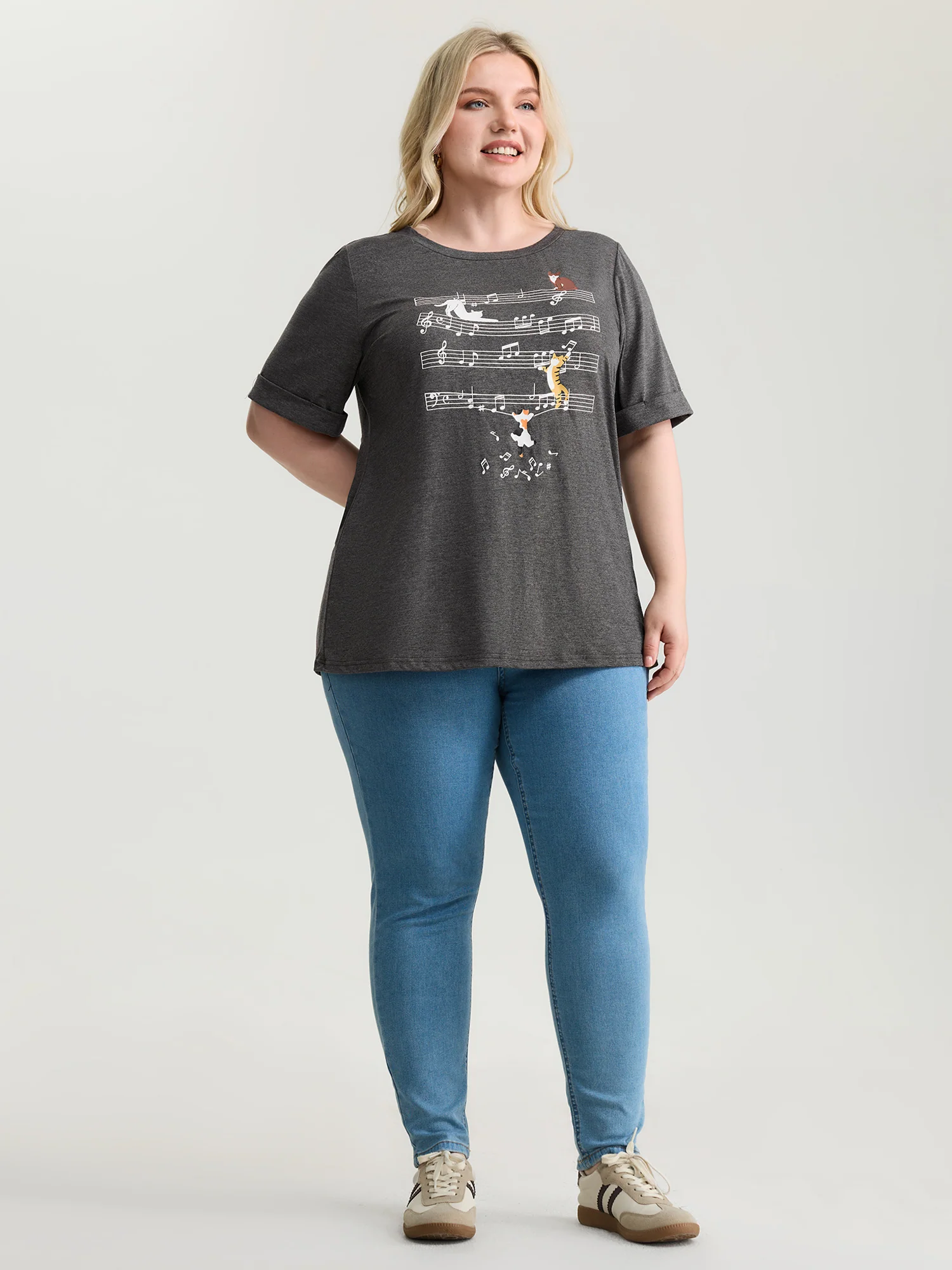 Cat Tunes Print Stretchy T-Shirt - Image 3