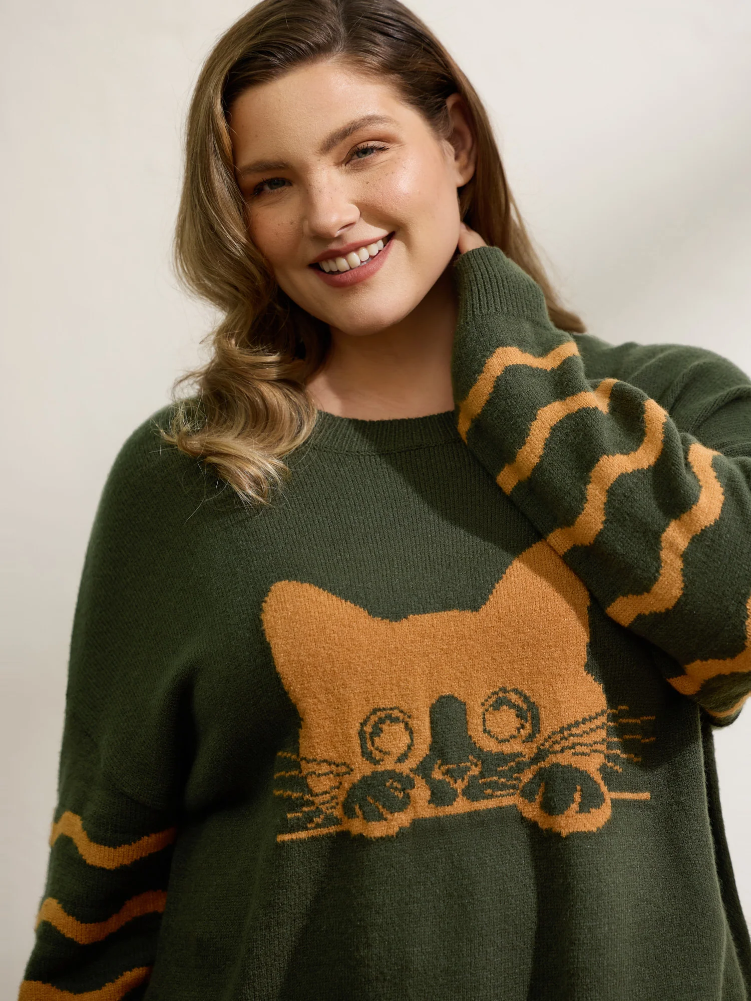 Cat Wavy Print Jacquard Contrast Pullover - Image 2