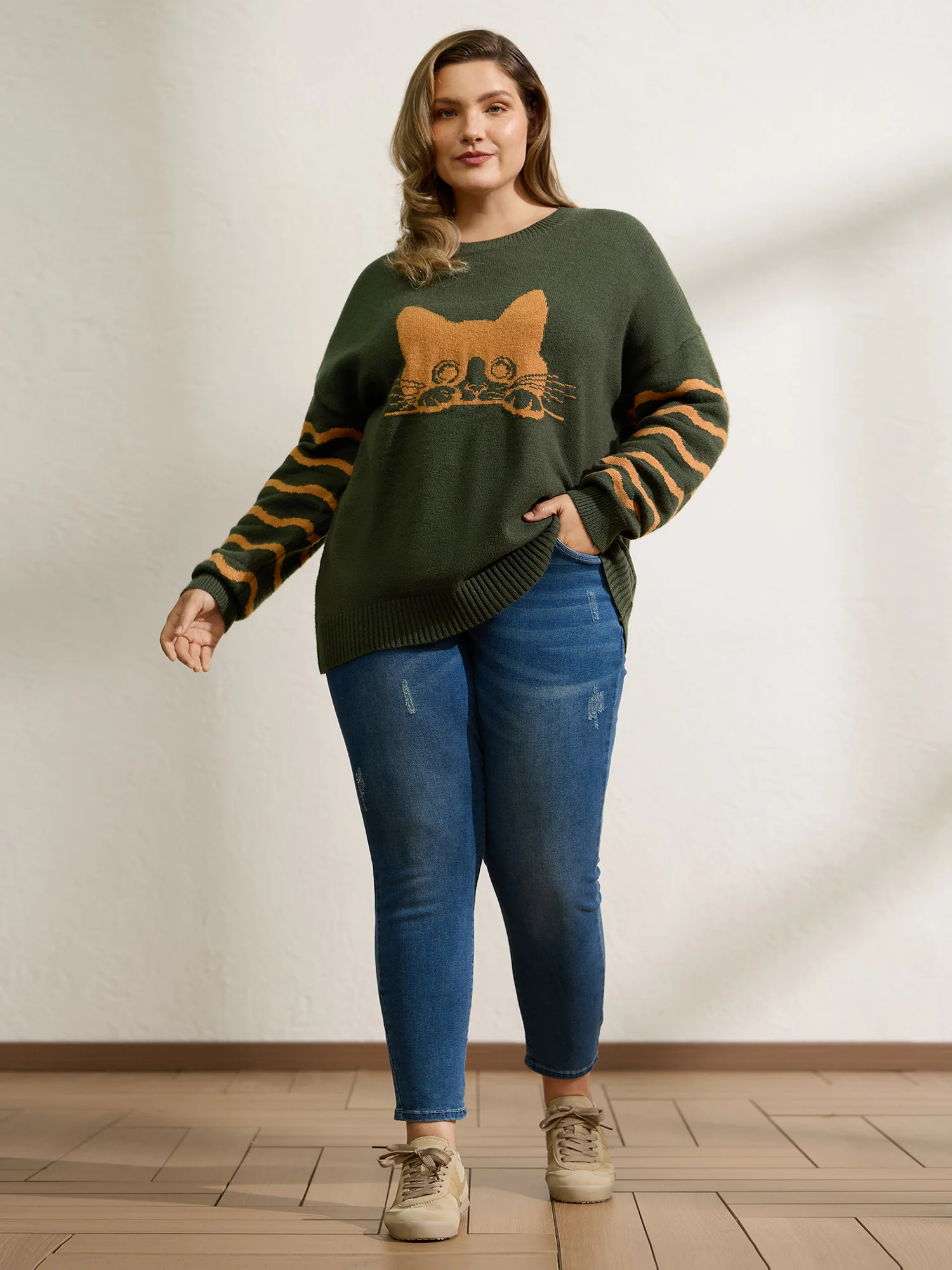Cat Wavy Print Jacquard Contrast Pullover - Image 3