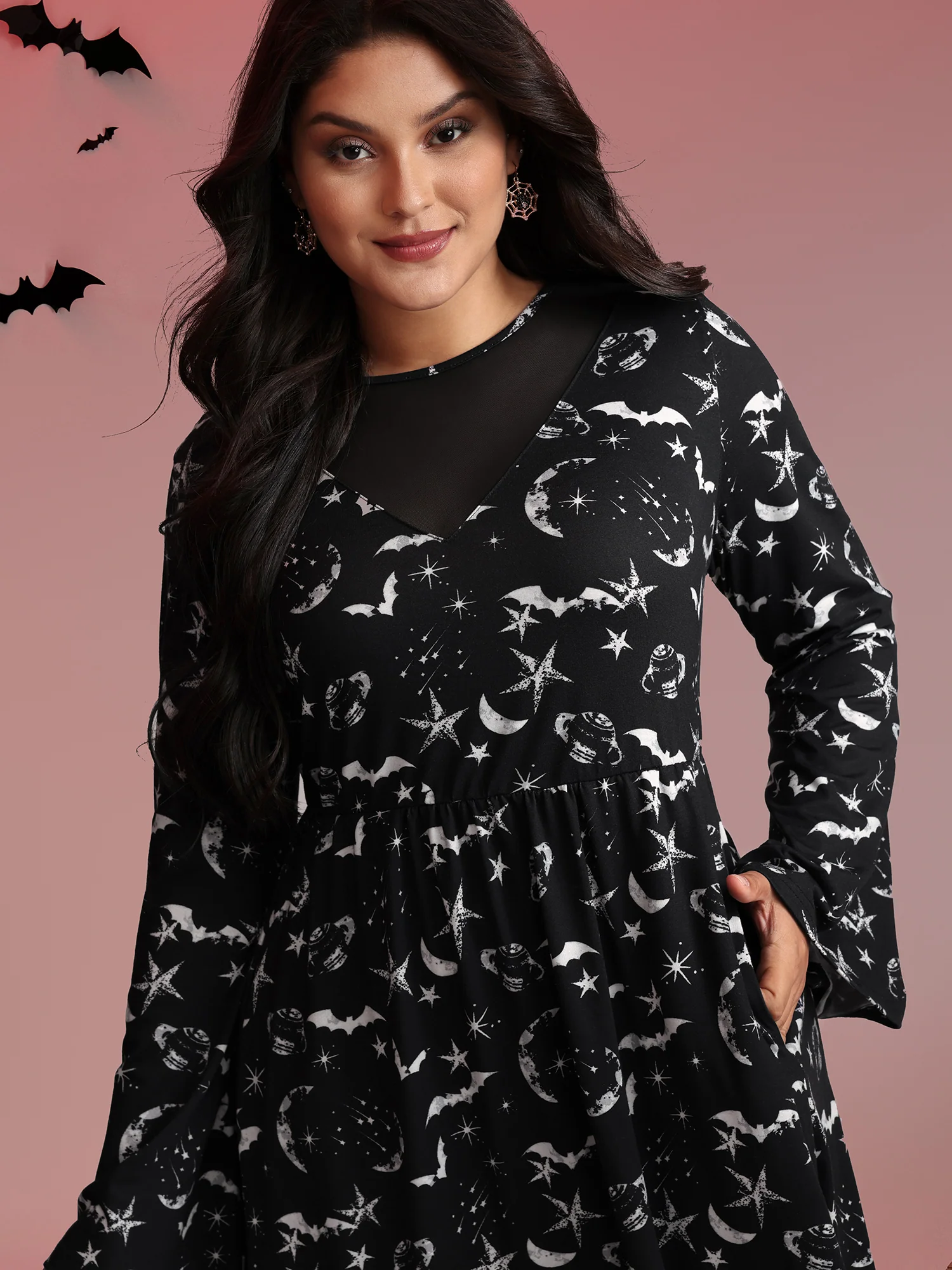 Celestial Halloween Print Sheer Pockets Maxi Dress - Image 2