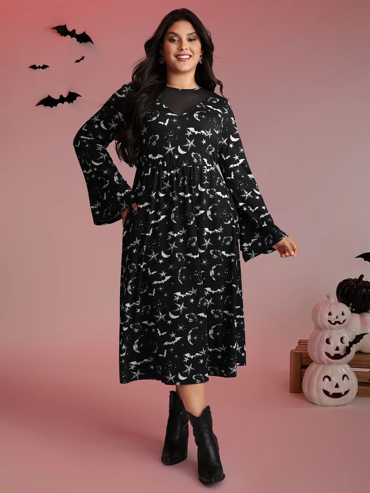 Celestial Halloween Print Sheer Pockets Maxi Dress - Image 3