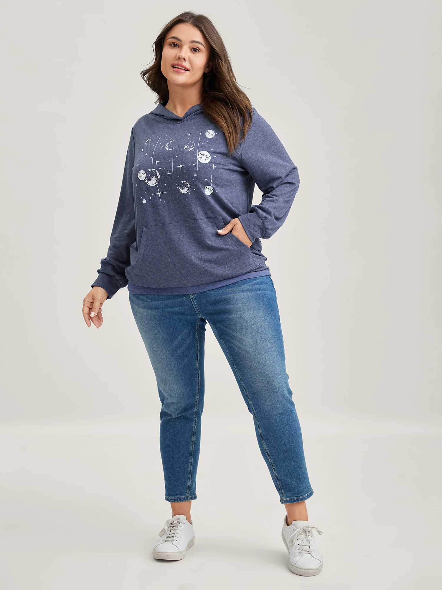 Celestial Print Solid Hoodie - Image 2