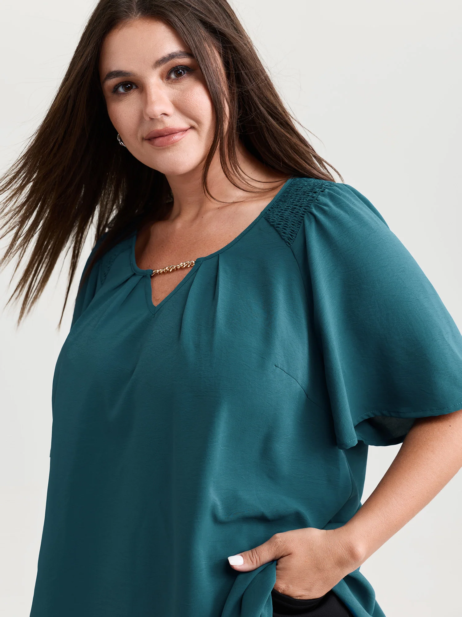 Chain Detail Shirred Shoulder Blouse - Image 2