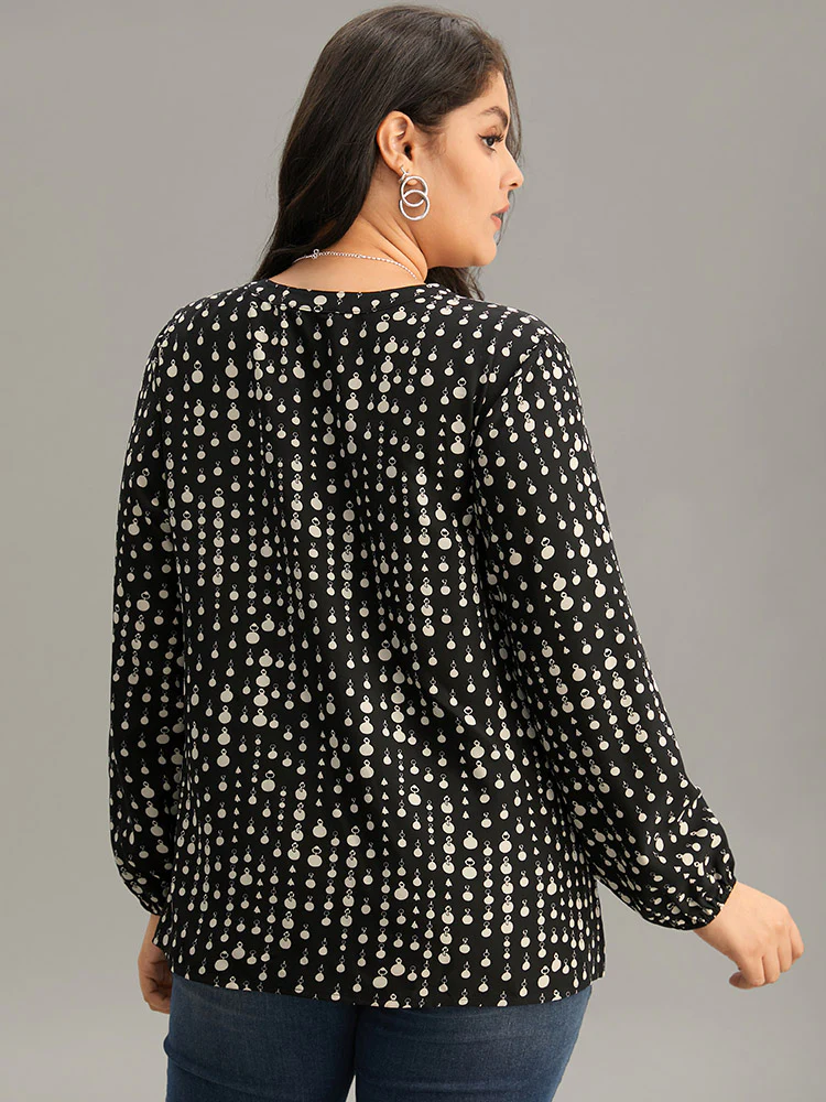 Chain Print Notched Lantern Sleeve Blouse - Image 2
