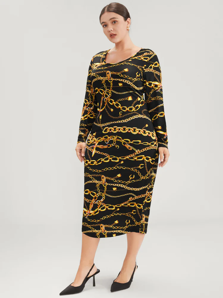 Chain Print Round Neck Bodycon Midi Dress - Image 2