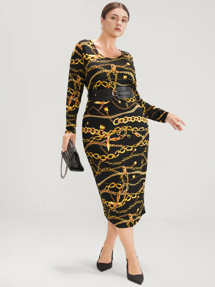 Chain Print Round Neck Bodycon Midi Dress - Image 3