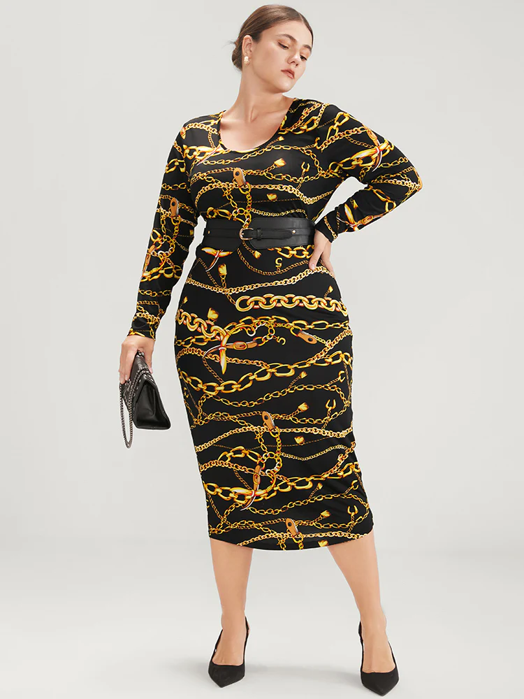 Chain Print Round Neck Bodycon Midi Dress - Image 4