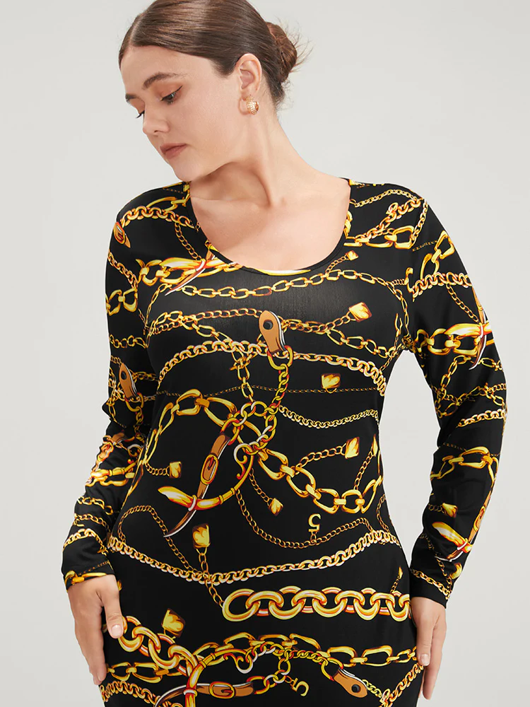 Chain Print Round Neck Bodycon Midi Dress - Image 5