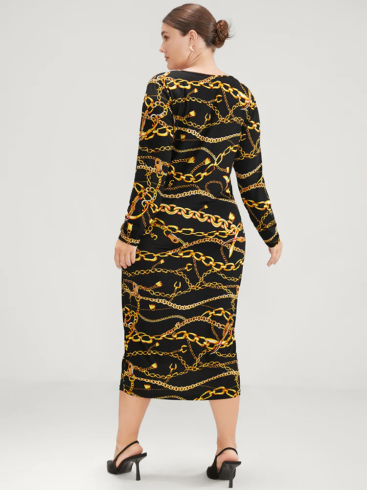 Chain Print Round Neck Bodycon Midi Dress - Image 7