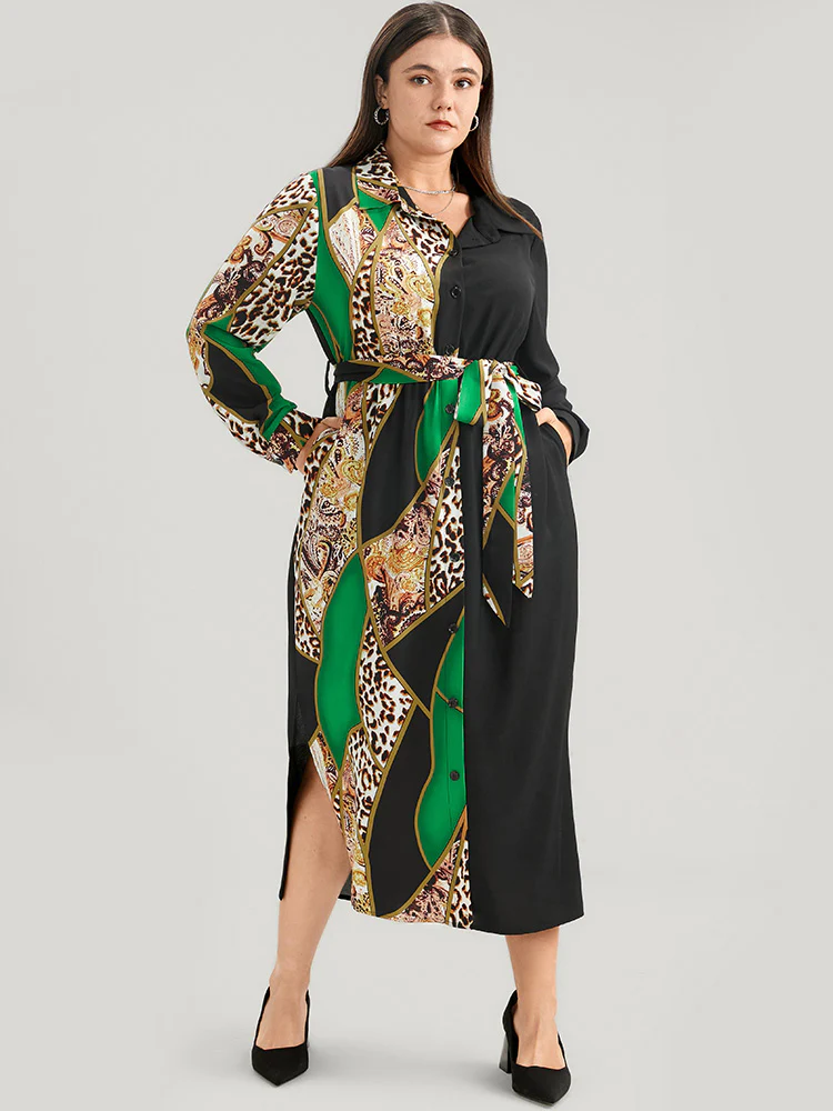 Chain Print Shirt Collar Pocket Split Belted Button Up Dress - Image 3