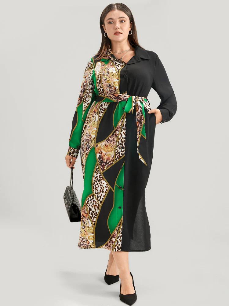 Chain Print Shirt Collar Pocket Split Belted Button Up Dress - Image 4