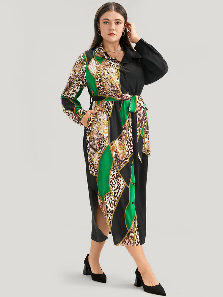 Chain Print Shirt Collar Pocket Split Belted Button Up Dress - Image 5