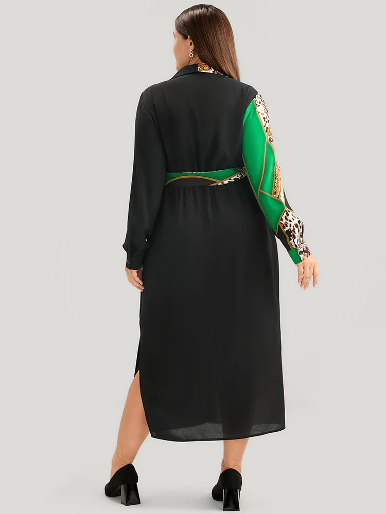 Chain Print Shirt Collar Pocket Split Belted Button Up Dress - Image 6