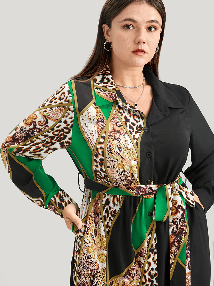 Chain Print Shirt Collar Pocket Split Belted Button Up Dress - Image 7