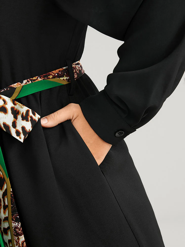 Chain Print Shirt Collar Pocket Split Belted Button Up Dress - Image 9