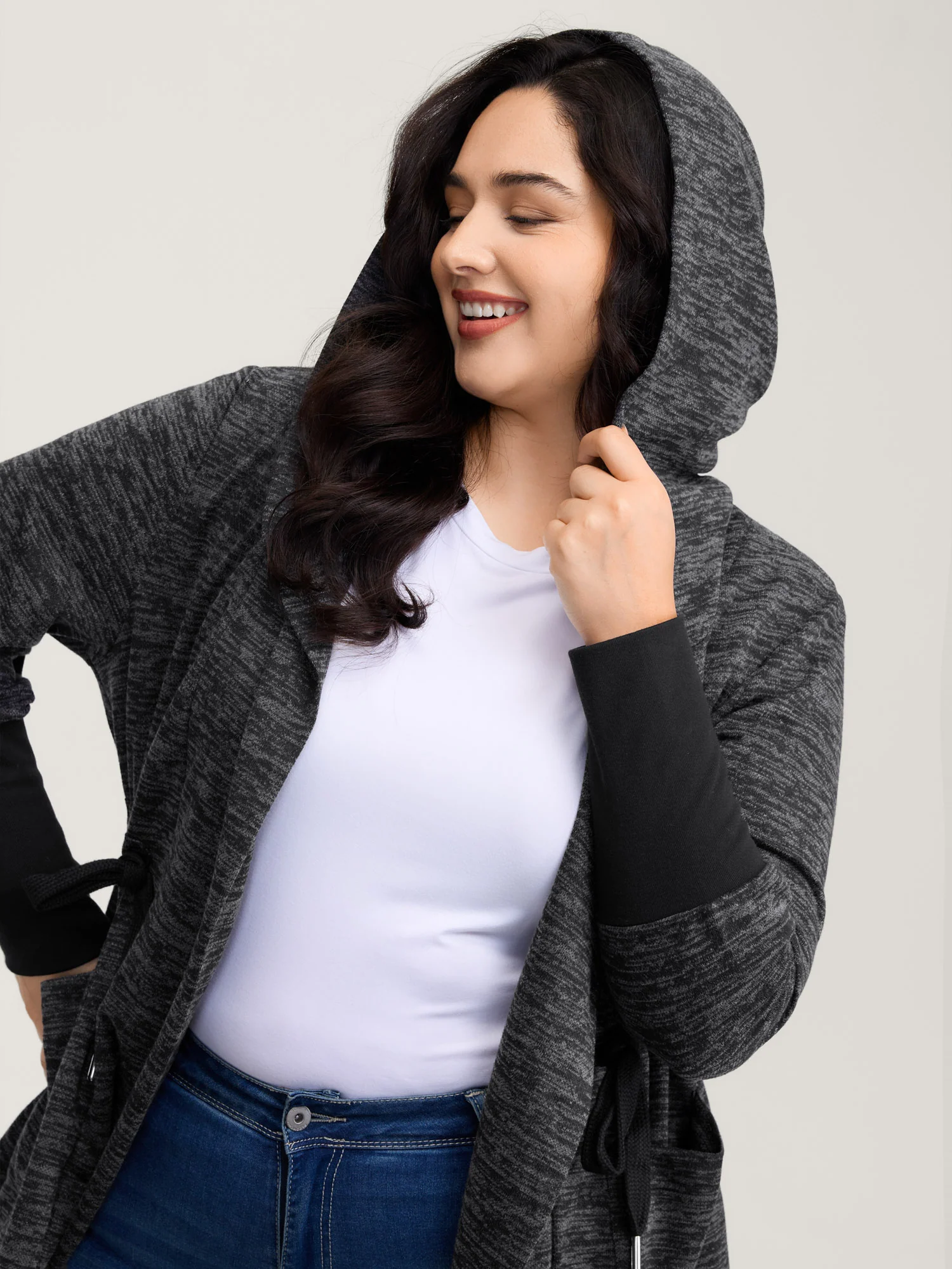 Channel Drawstring Contrast Hooded Jacket - Image 2