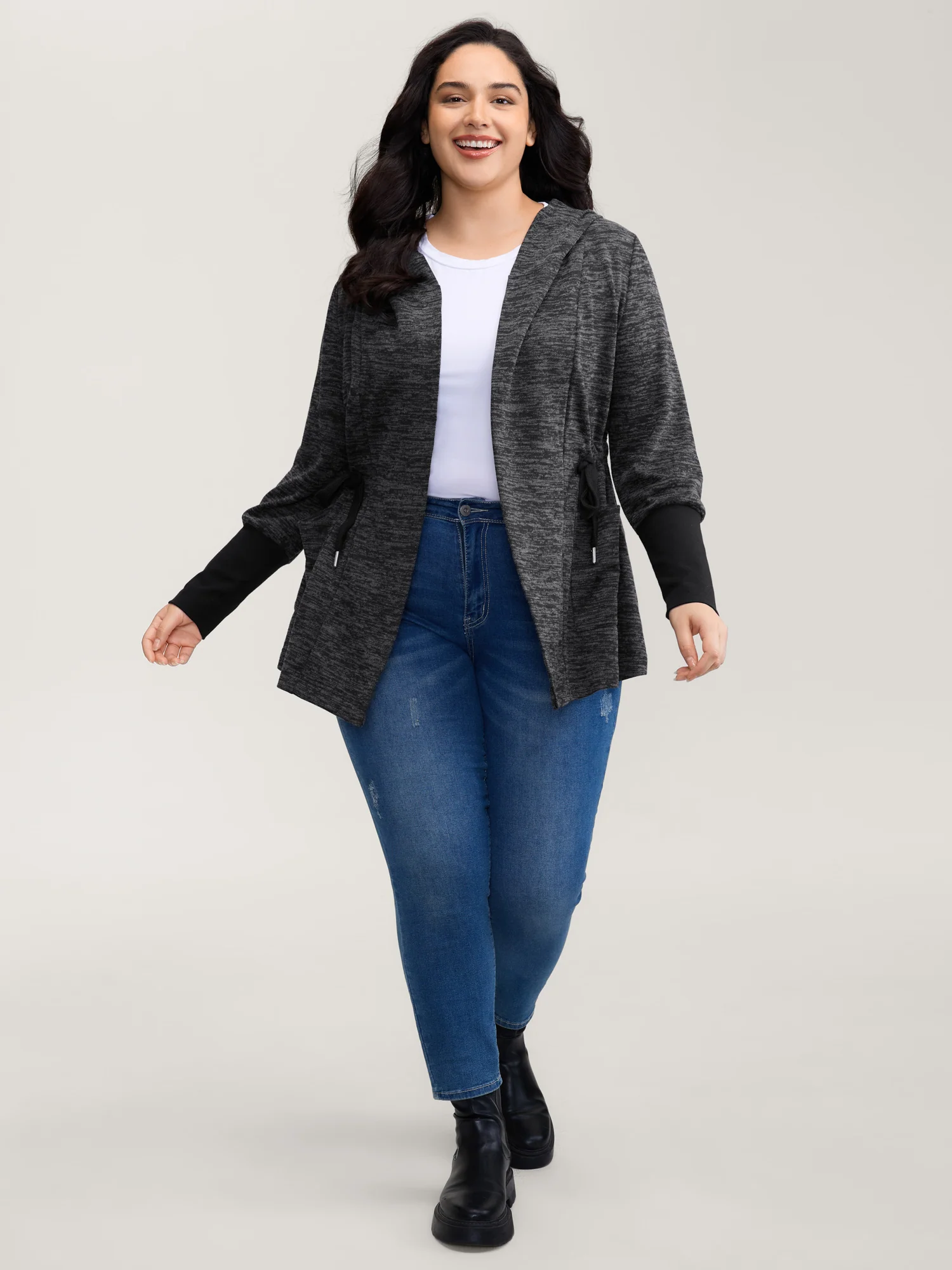 Channel Drawstring Contrast Hooded Jacket - Image 3