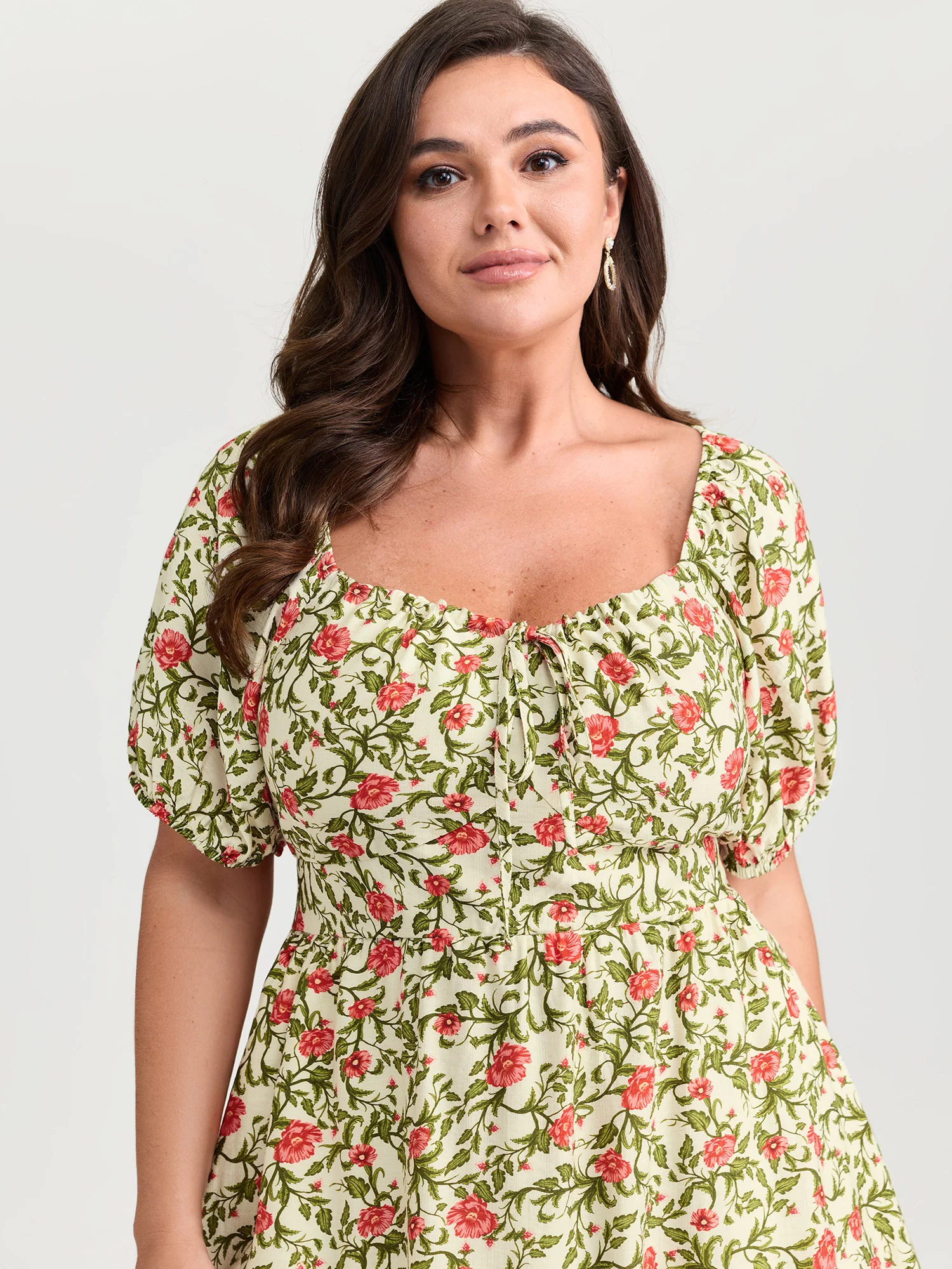 Charming Floral Print Drawstring Neckline Mini Dress - Image 2