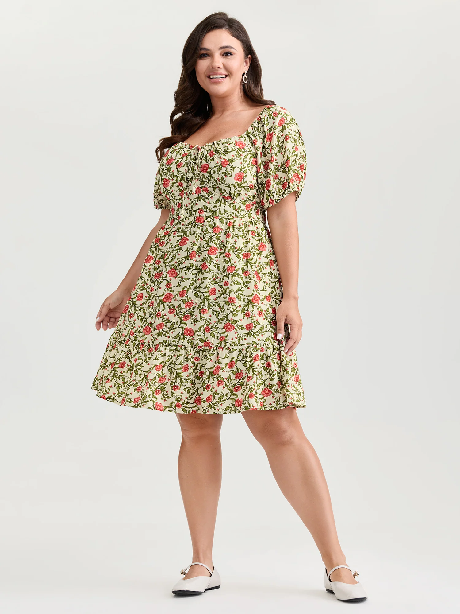 Charming Floral Print Drawstring Neckline Mini Dress - Image 3