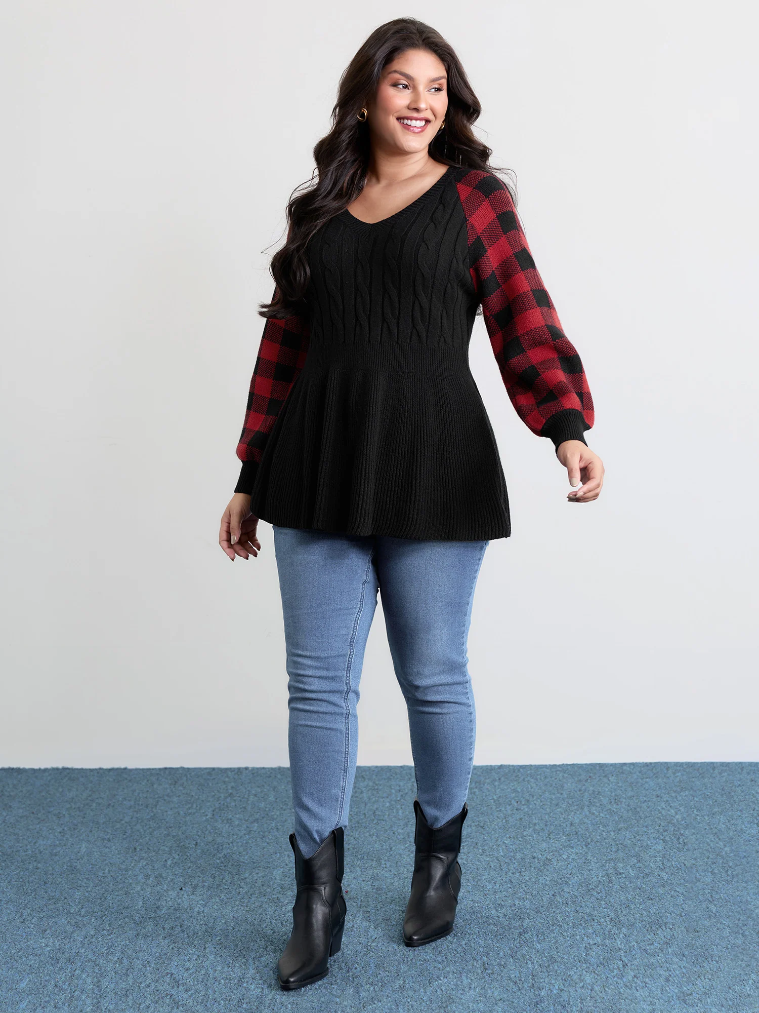 Supersoft Check Jacquard Cableknit Cinched-Waist Pullover - Image 2