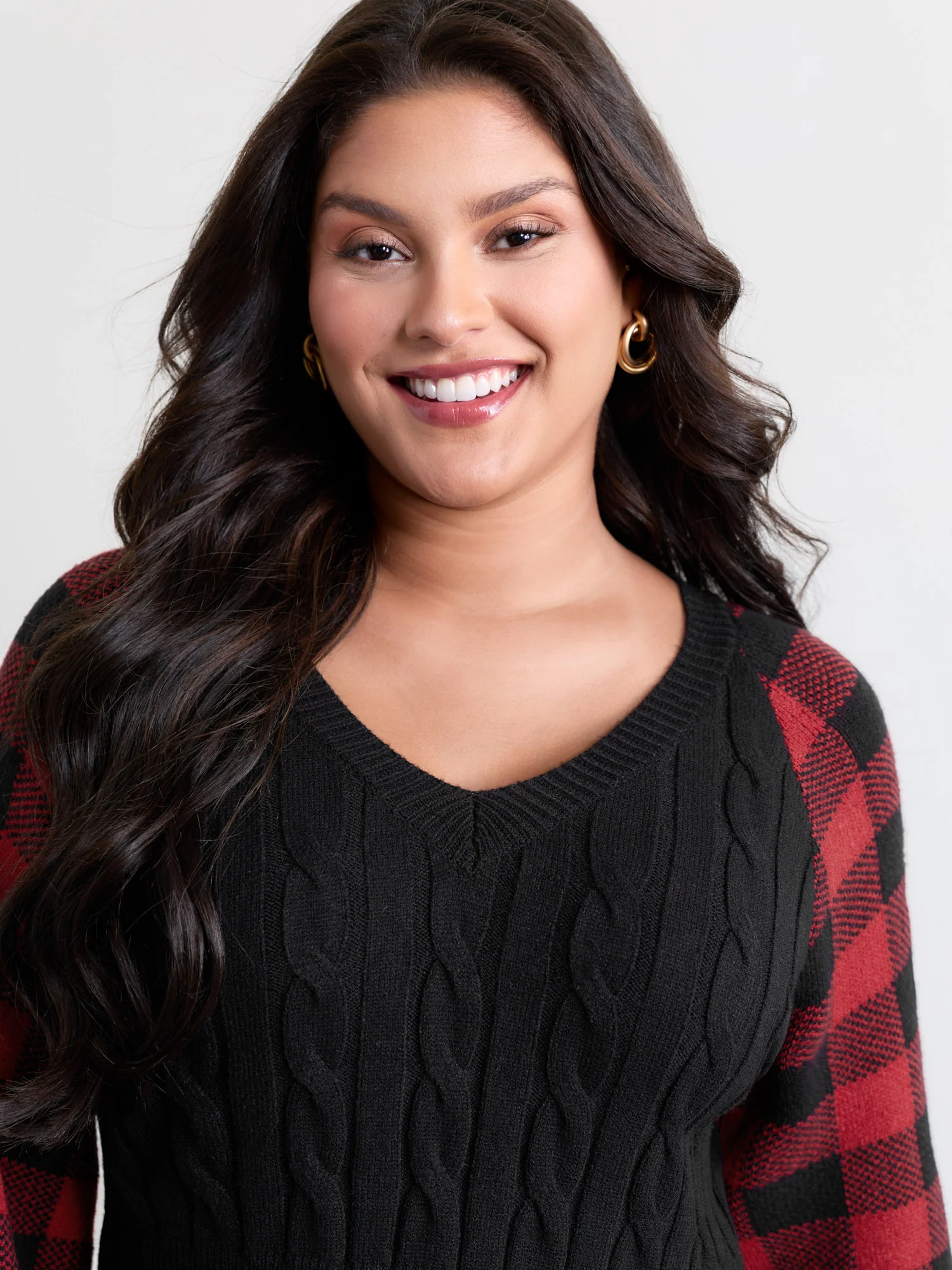 Supersoft Check Jacquard Cableknit Cinched-Waist Pullover - Image 3