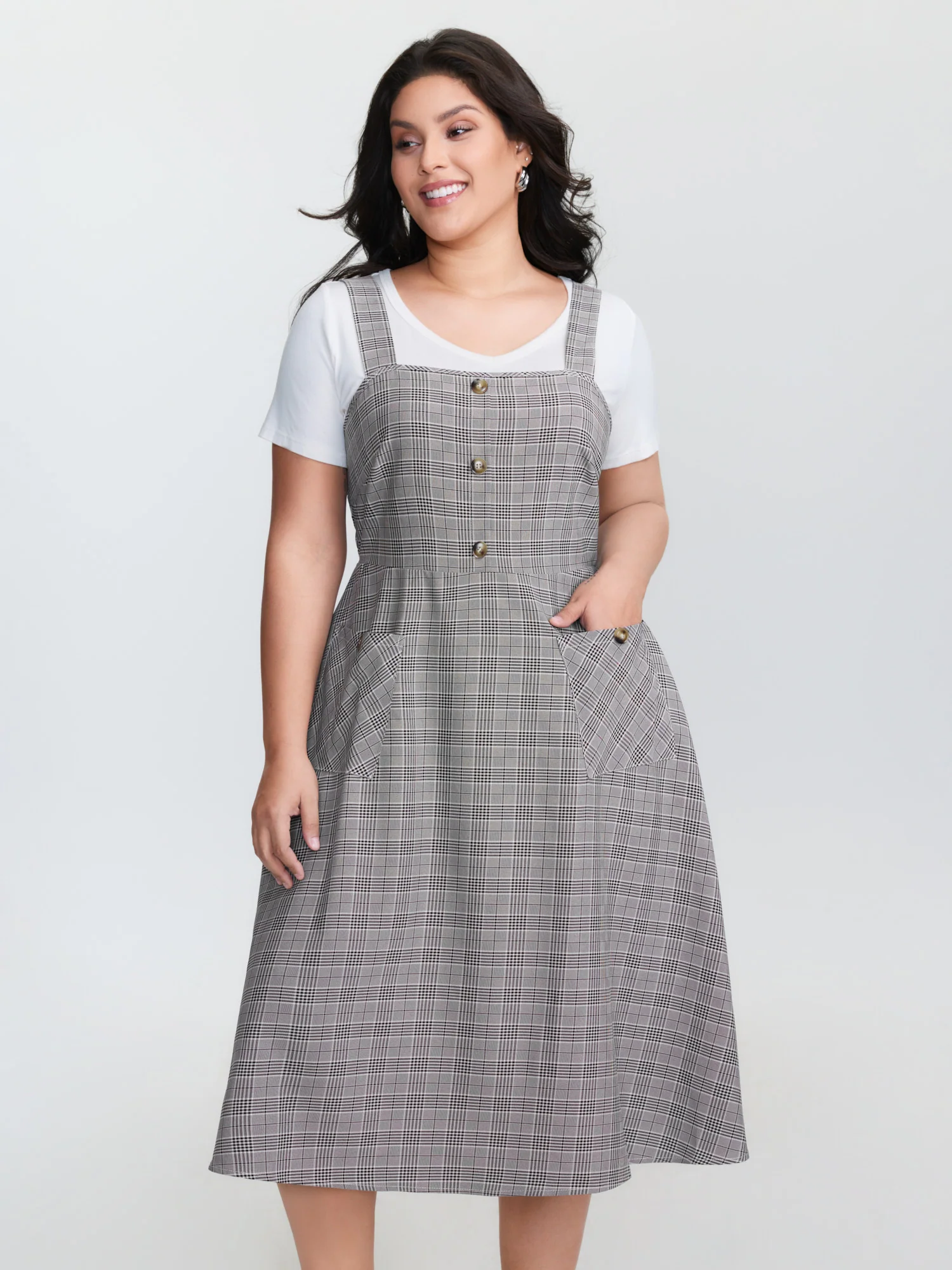 Check Pattern Half-Open Front Midi Dress