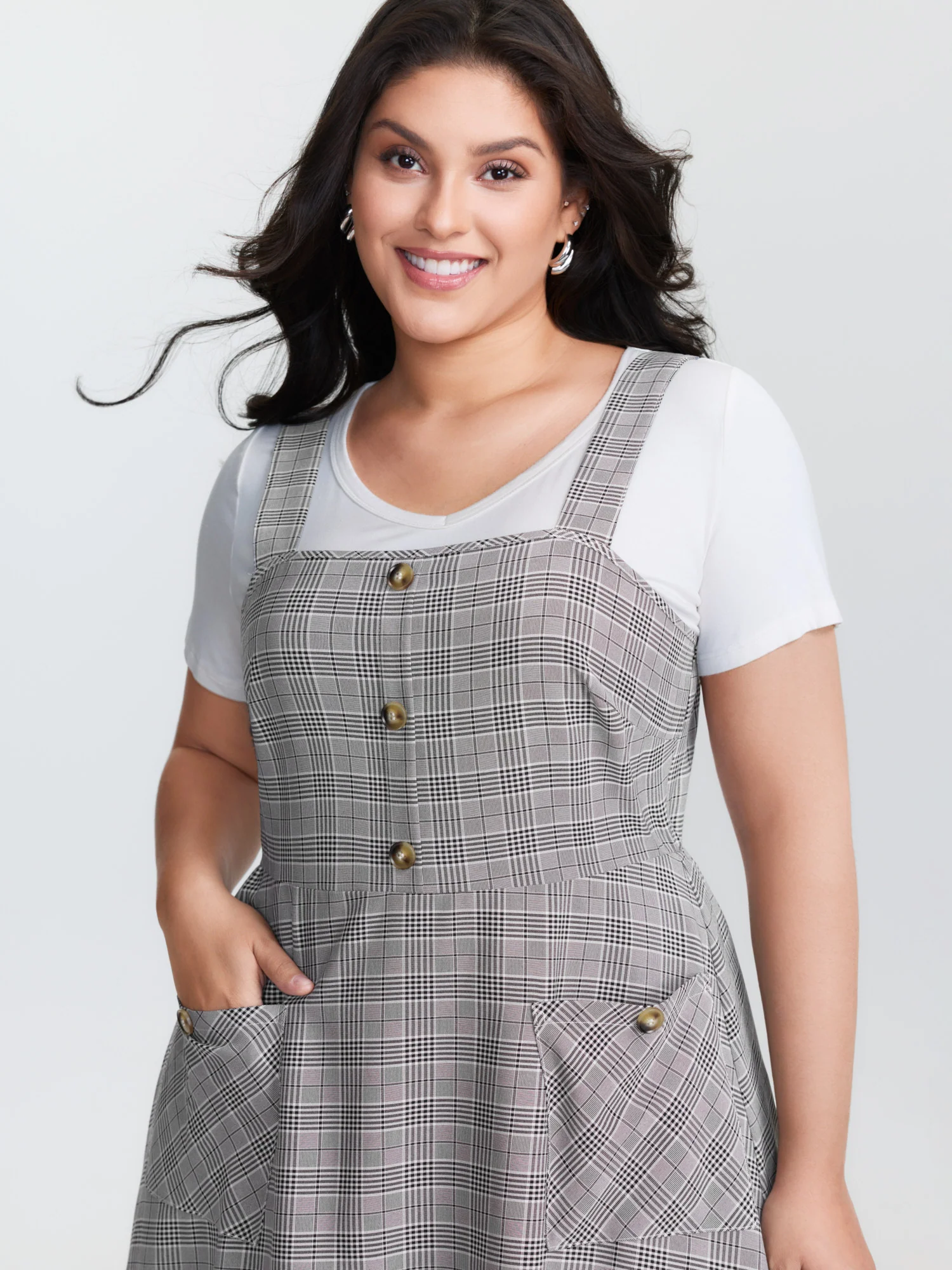 Check Pattern Half-Open Front Midi Dress - Image 3