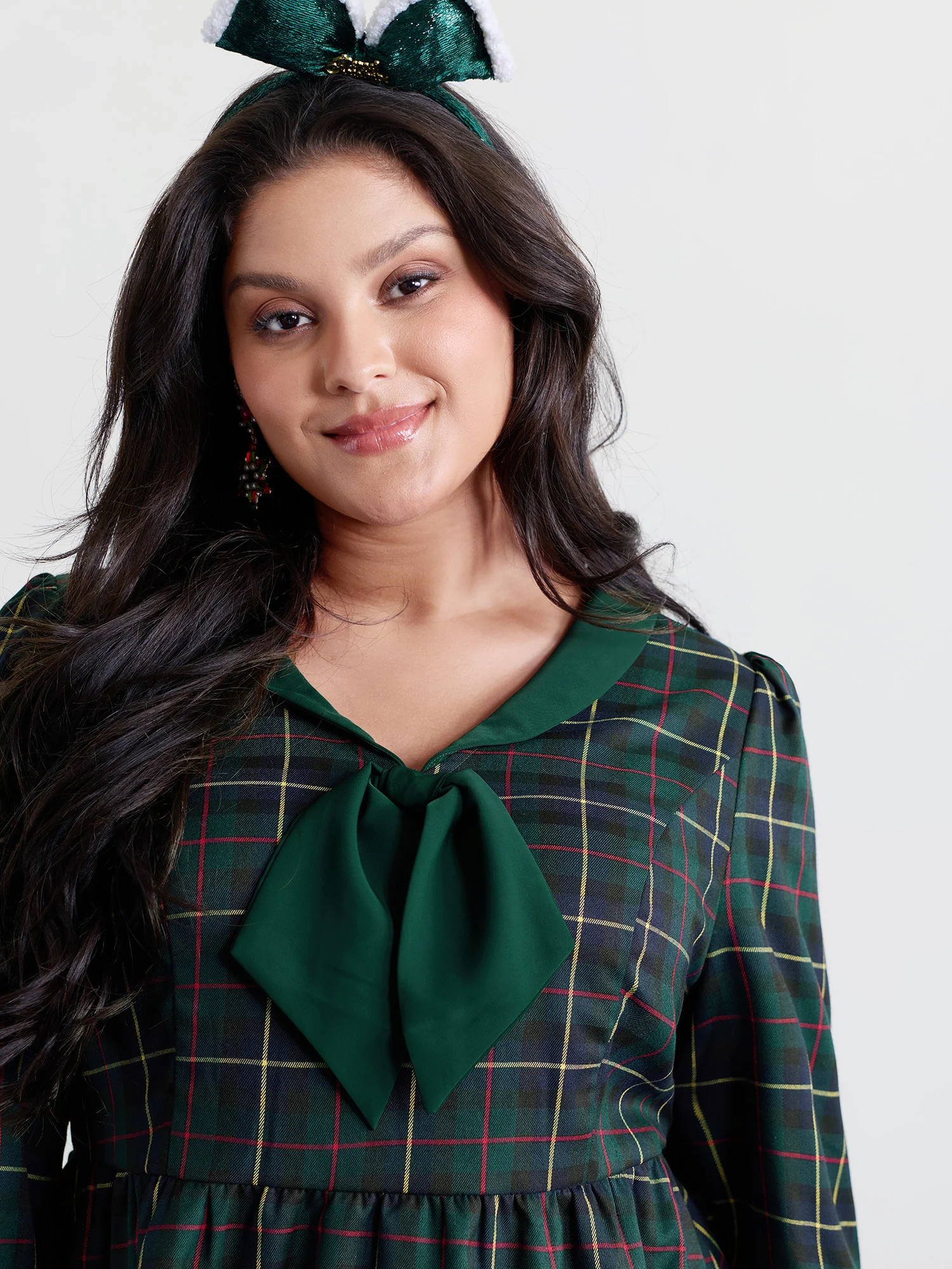 Check Pattern Lapel Tie Blouse - Image 2