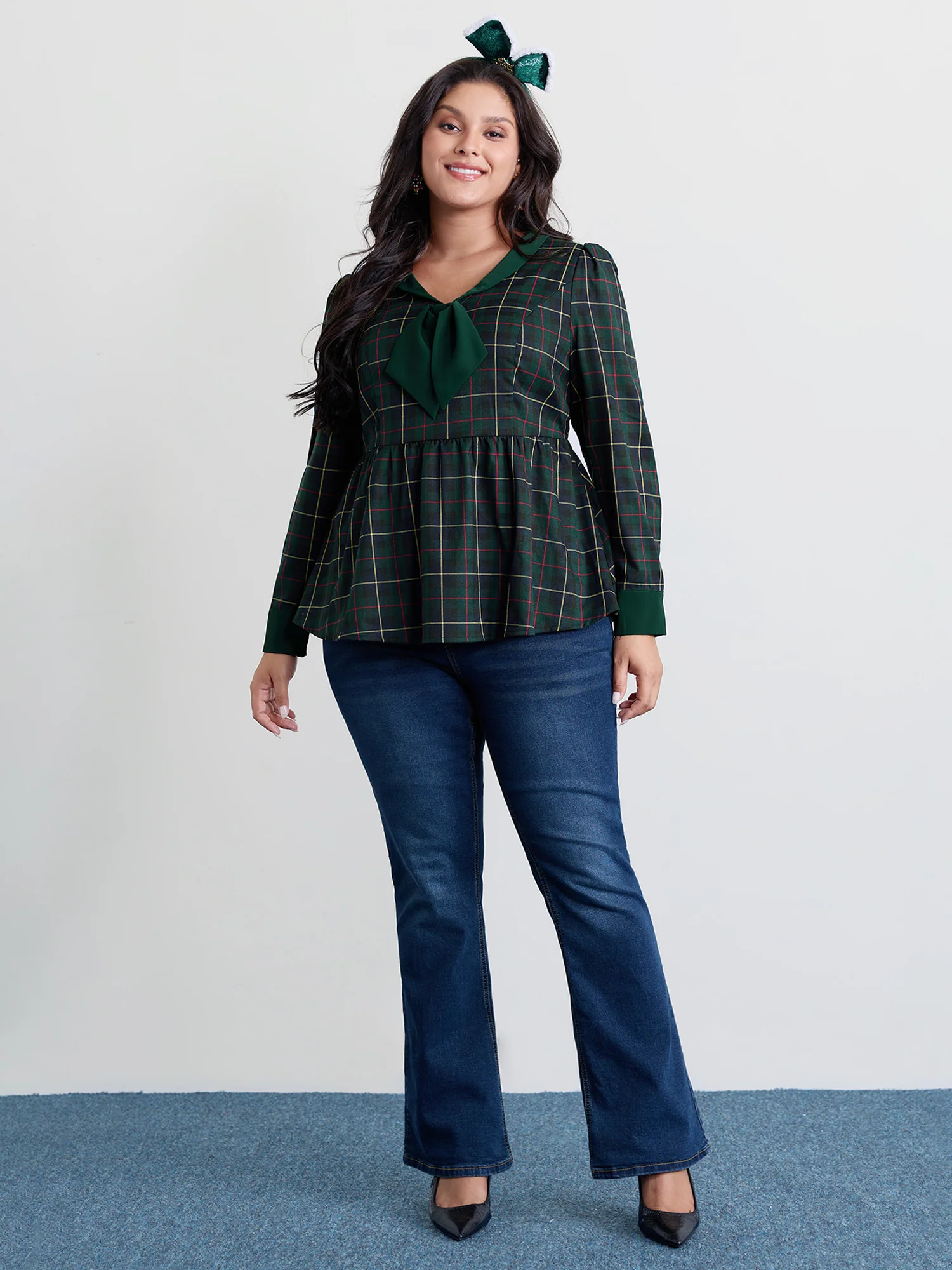 Check Pattern Lapel Tie Blouse - Image 3