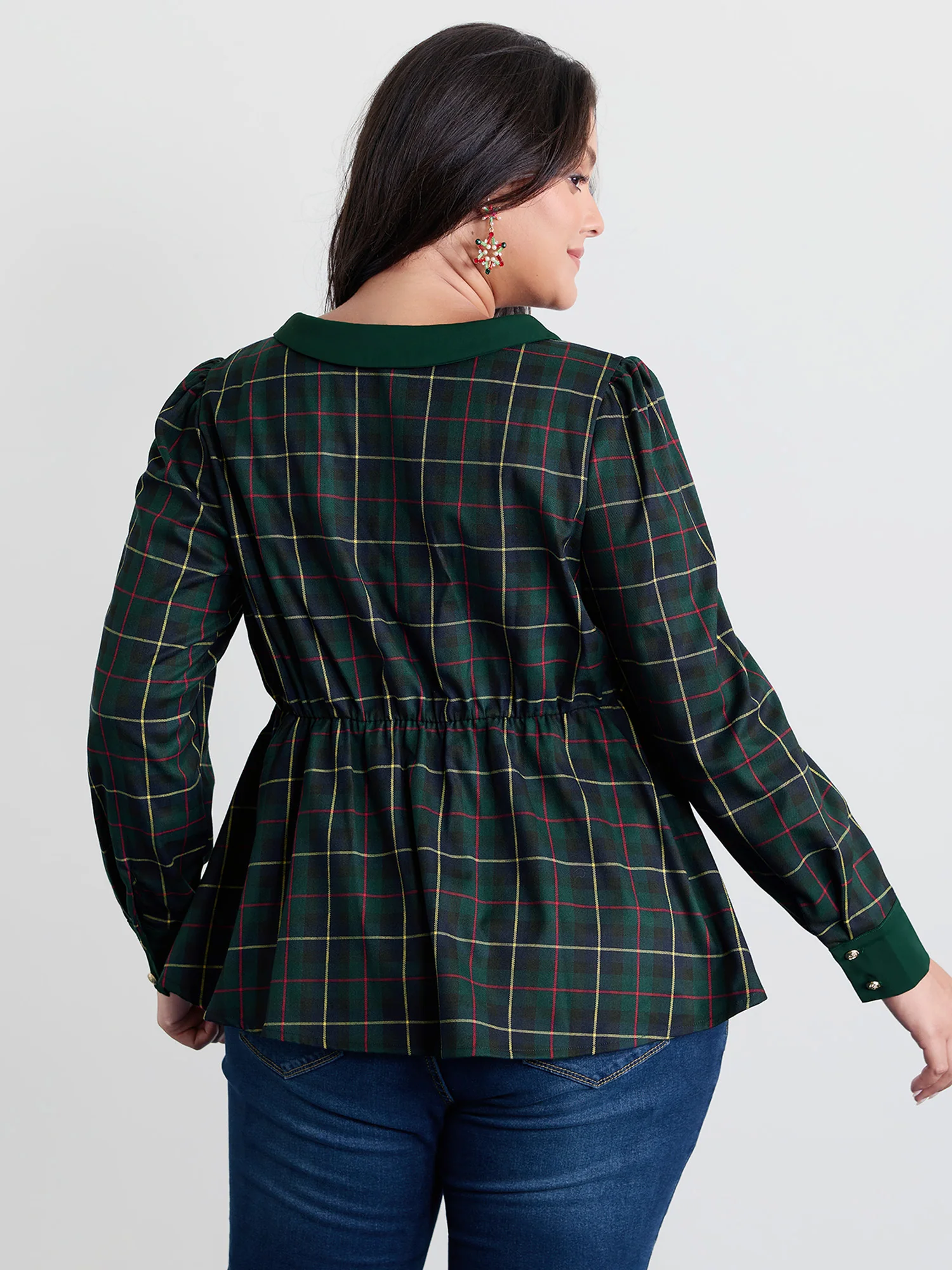 Check Pattern Lapel Tie Blouse - Image 4