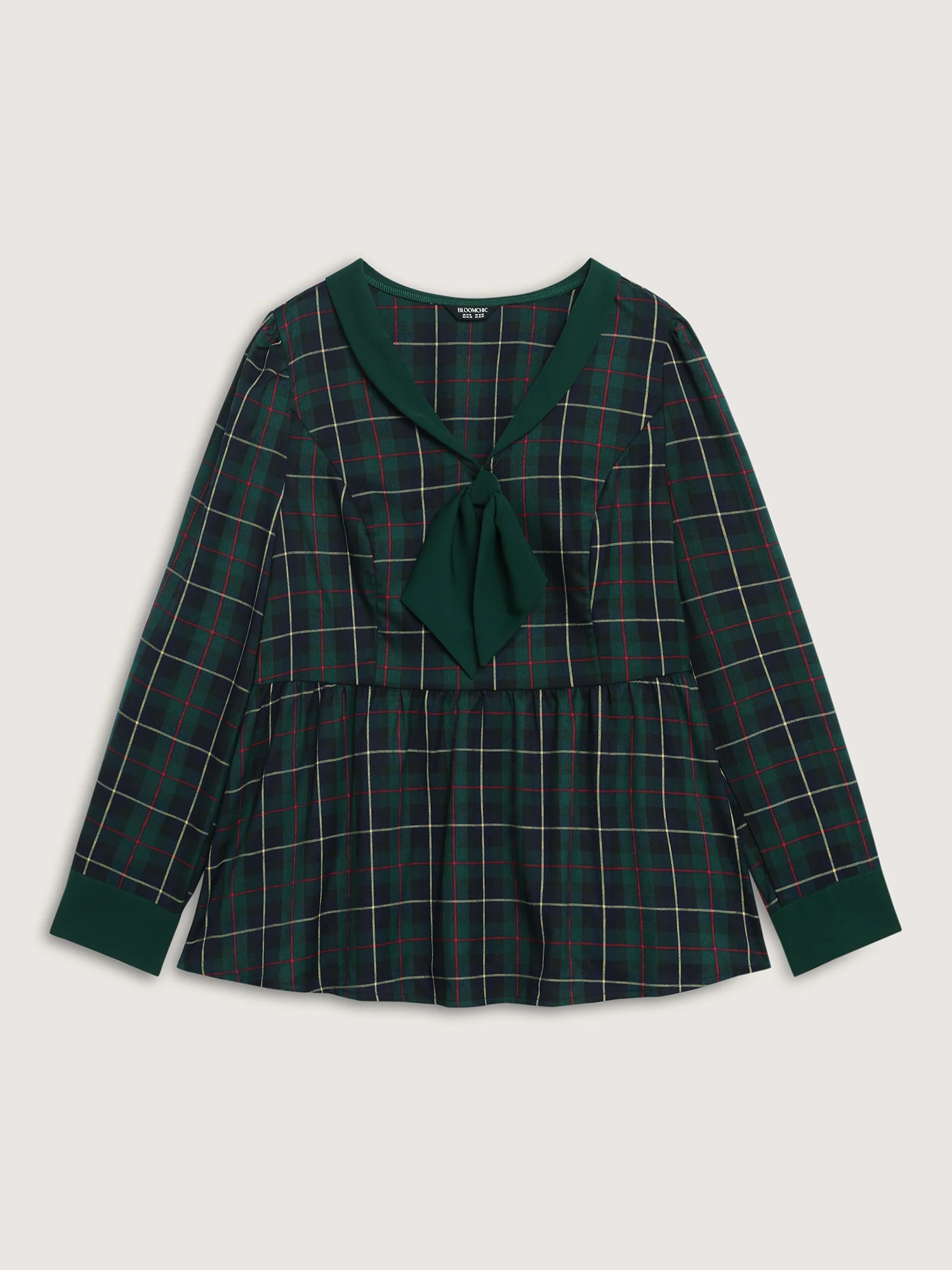 Check Pattern Lapel Tie Blouse - Image 7