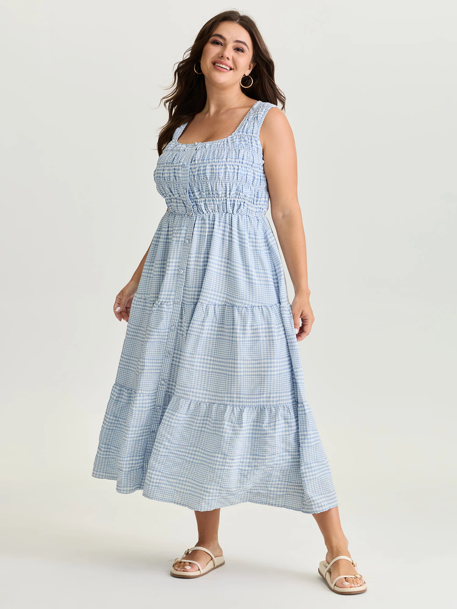 Check Pattern Shirred Bodice Midi Dress - Image 3